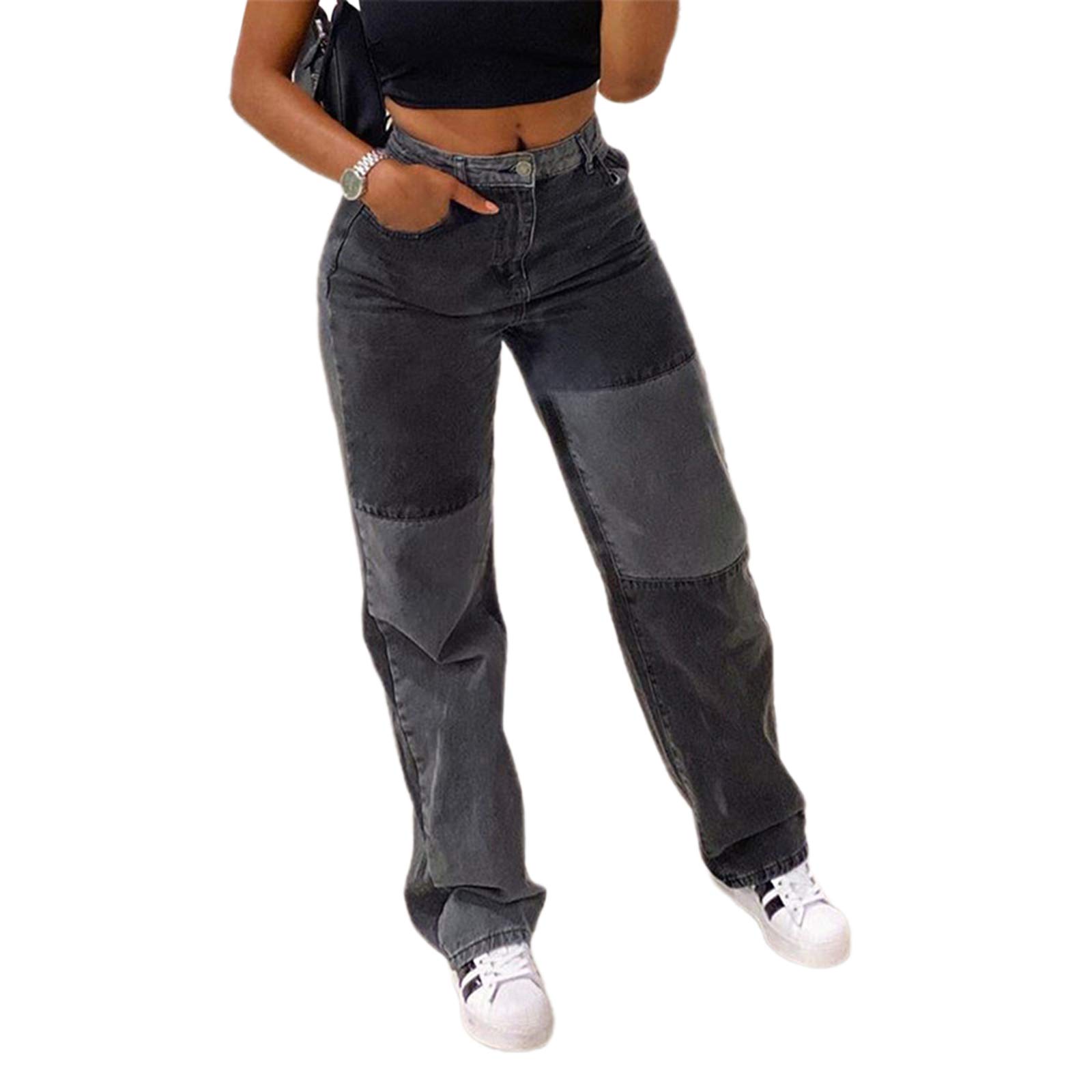 Women's High Waisted Straight Leg Patchwork Jeans - Stretch Denim Pants with Color Block Design | Fashionable & Comfortable for Casual Wear, Street Style & Everyday Outfits