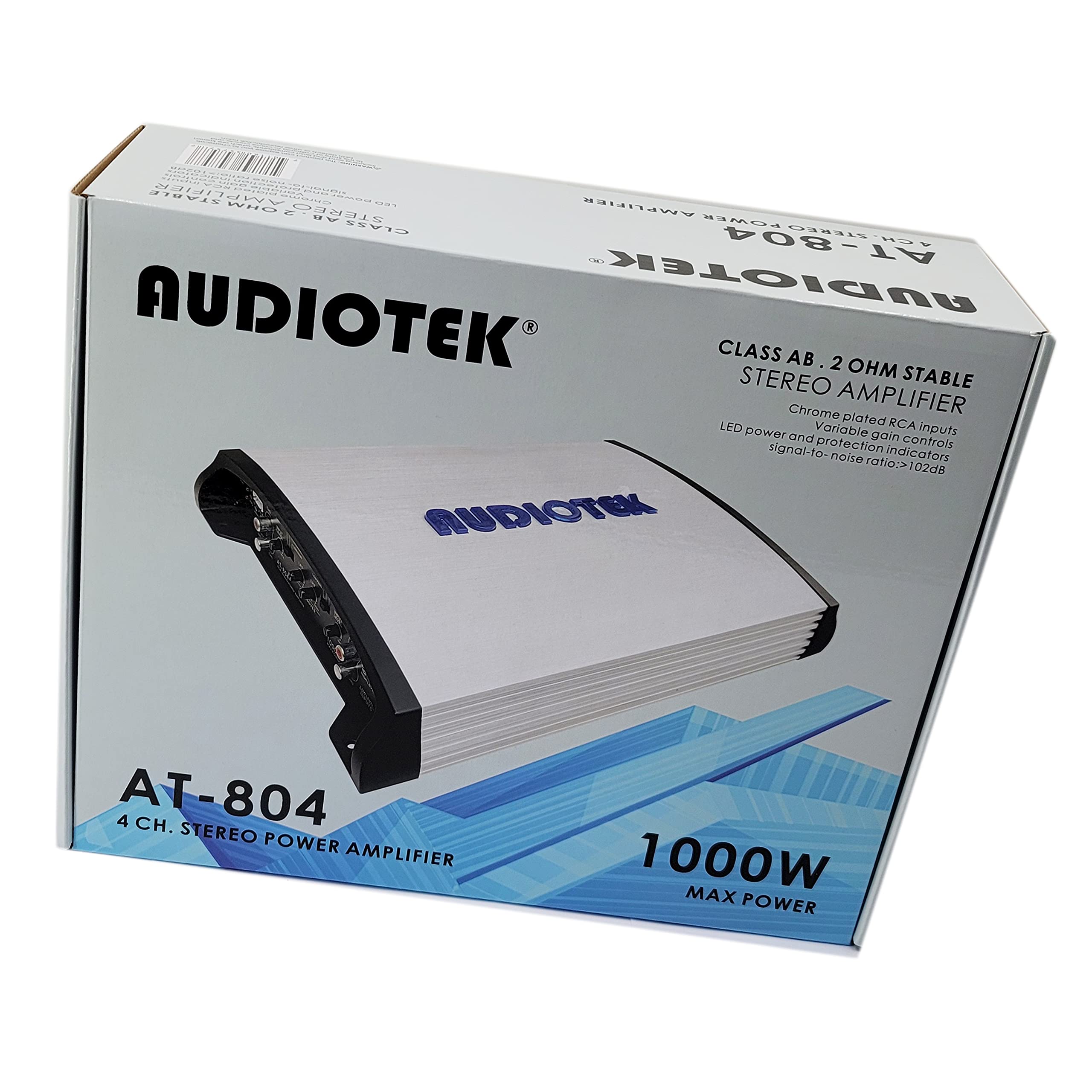 Audiotek AT804 4 Channel Car Amplifier 1000W - 2 Ohm Stable, Class AB, MOSFET Power Supply, LED Indicator, Full Range Stereo Audio for Car Speakers | Perfect for Car Audio Upgrades, Bass Boost & Sound System Enhancement