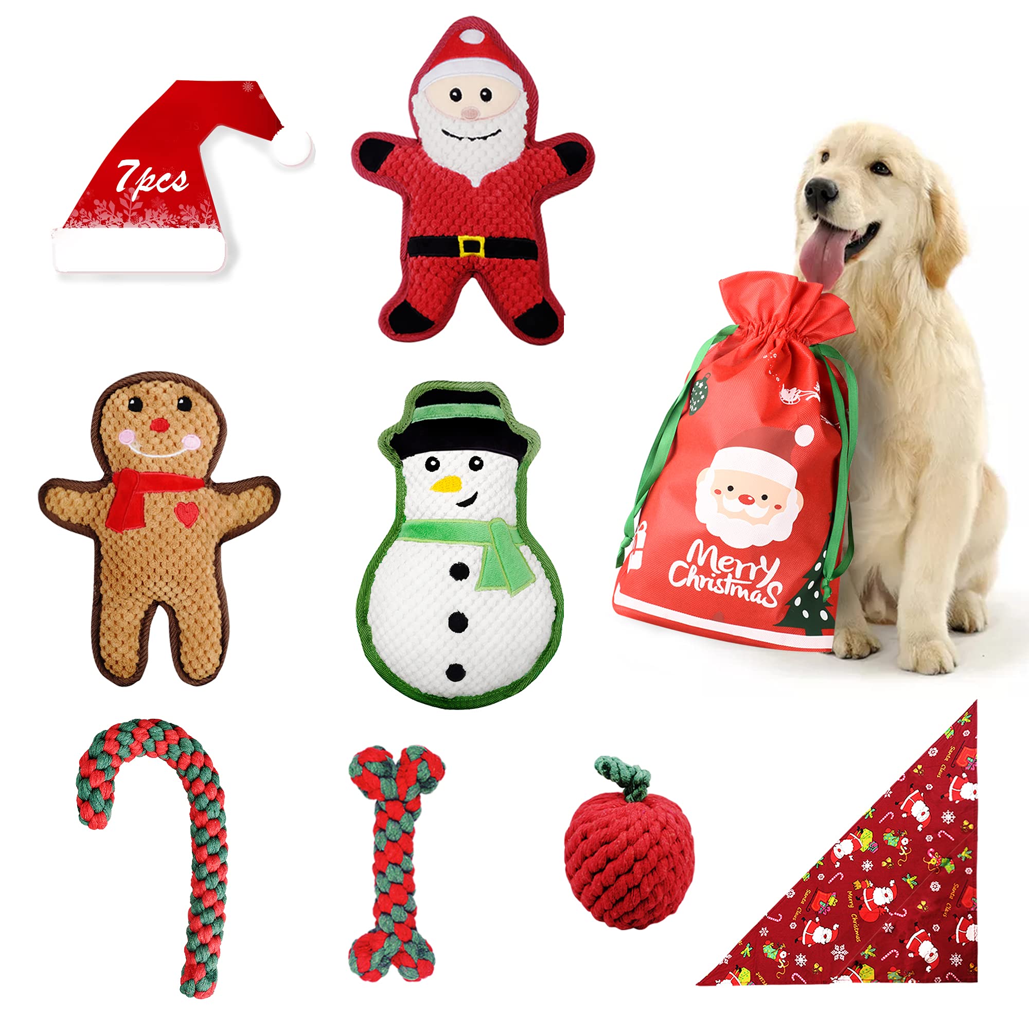 7 Pack Christmas Dog Toys Set - Squeaky Plush & Rope Toys for Medium Dogs | Perfect for Playtime, Training & Holiday Gifting