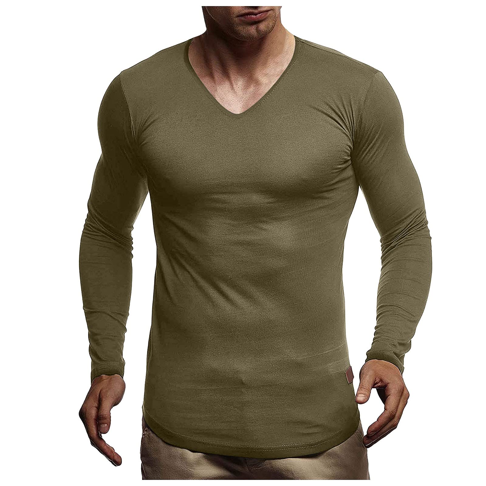 Bummyo Men's Long Sleeve Compression Shirt - Slim Fit Yoga T-Shirt with V-Neck (Solid Colors) for Workout, Gym & Casual Wear