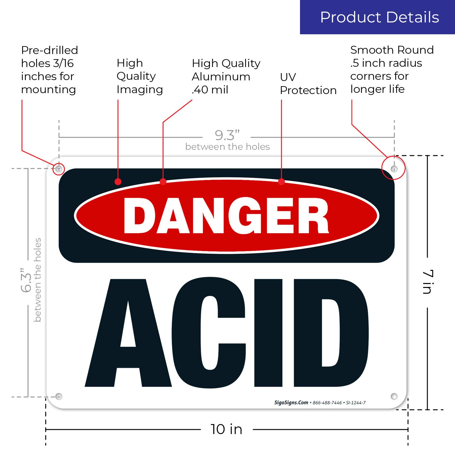 Danger Acid Sign - OSHA Compliant 10x7 Inches Rust-Free .040 Aluminum Safety Sign | Fade Resistant for Indoor & Outdoor Use | Made in USA | Ideal for Laboratories, Factories & Hazardous Areas