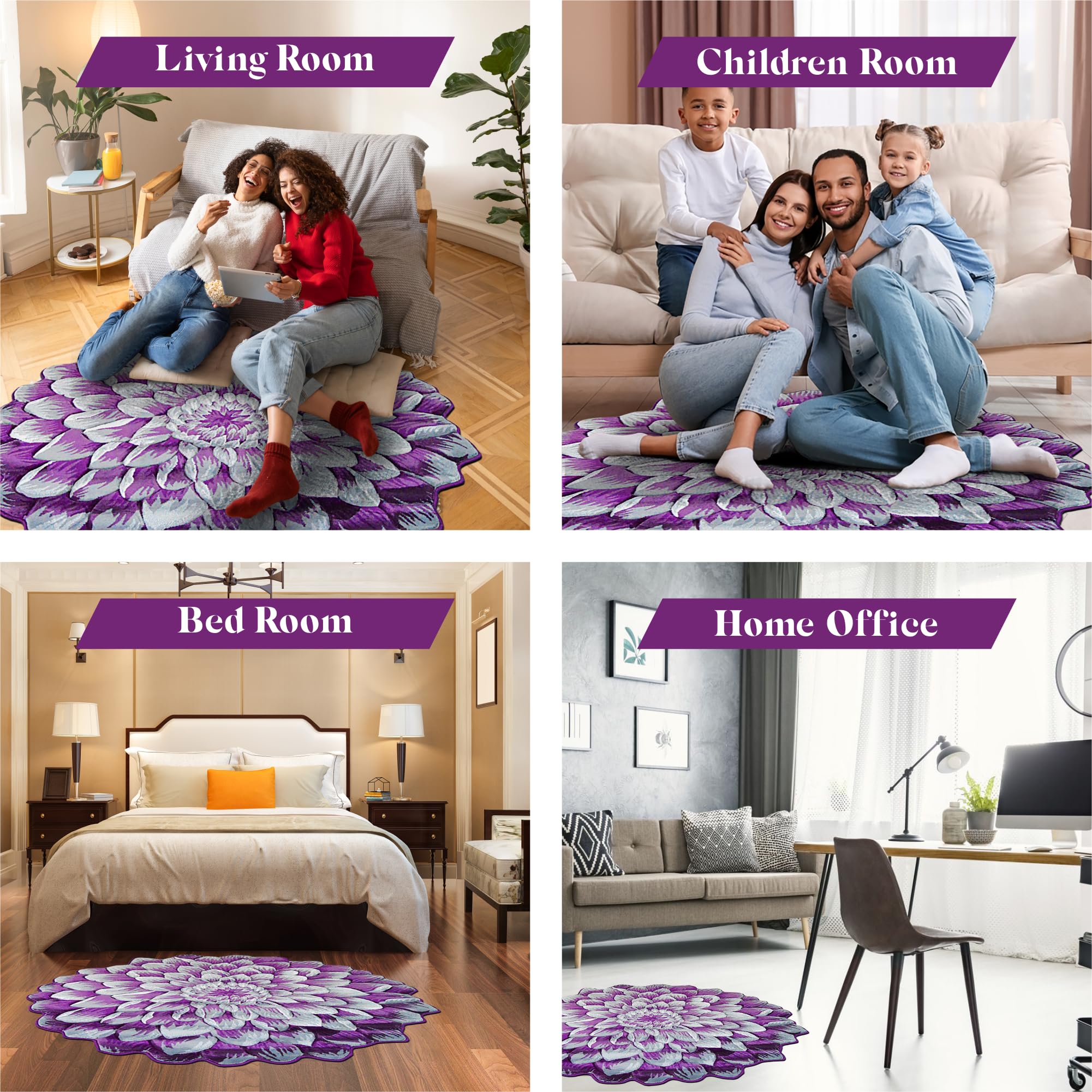 6ft Round Flower Shaped Area Rug - Soft Plush Circle Carpet for Bedroom, Living Room & Nursery - Girly Purple Floral Decor (303) | Perfect for Boho Chic Home Decor & Kids Play Area