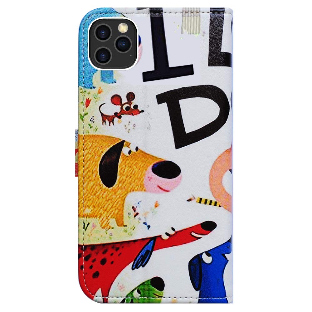 Cute Dogs Leather Flip Wallet Case for iPhone 12 Pro Max with Card Slot Holder & Kickstand - Stylish Protective Cover for Everyday Use, Travel, and Work