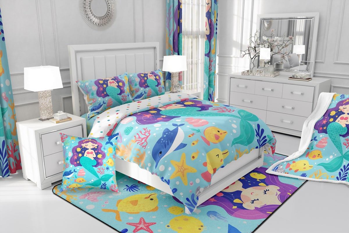 Mermaid Bedding Set for Girls - Kawaii Twin Duvet Cover with Cute Cartoon Whale & Octopus Tentacles - Pastel Teal Fish Scale Mermaid Tail Comforter Cover for Kids - Perfect for Little Mermaid Themed Bedroom Decor - Ideal for Birthday Gifts, Sleepovers & Fantasy Room Makeovers