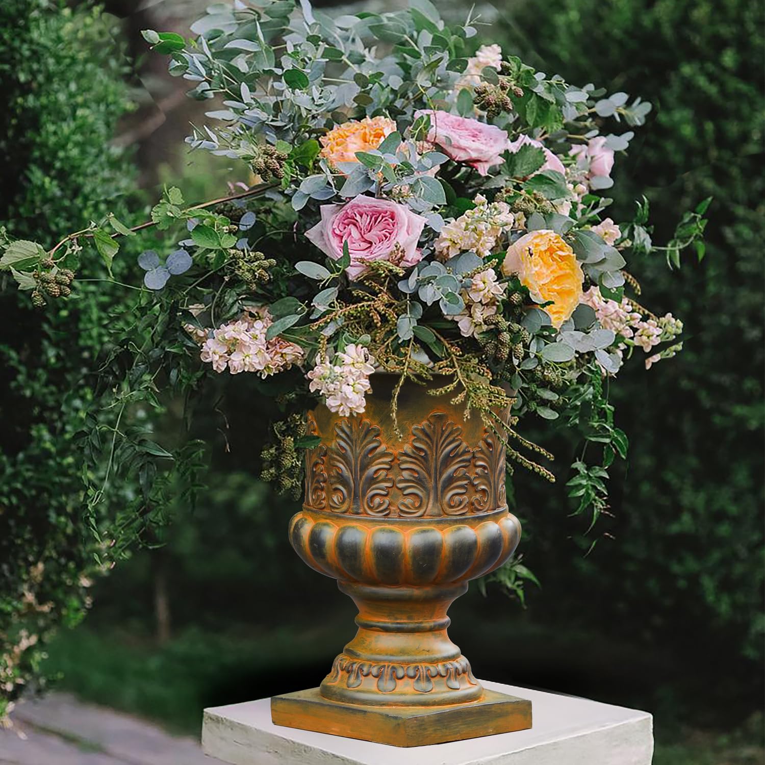 Mediterranean Style Weathered Brown Decorative MGO Urn Planter - Perfect for Garden, Patio, and Home Décor