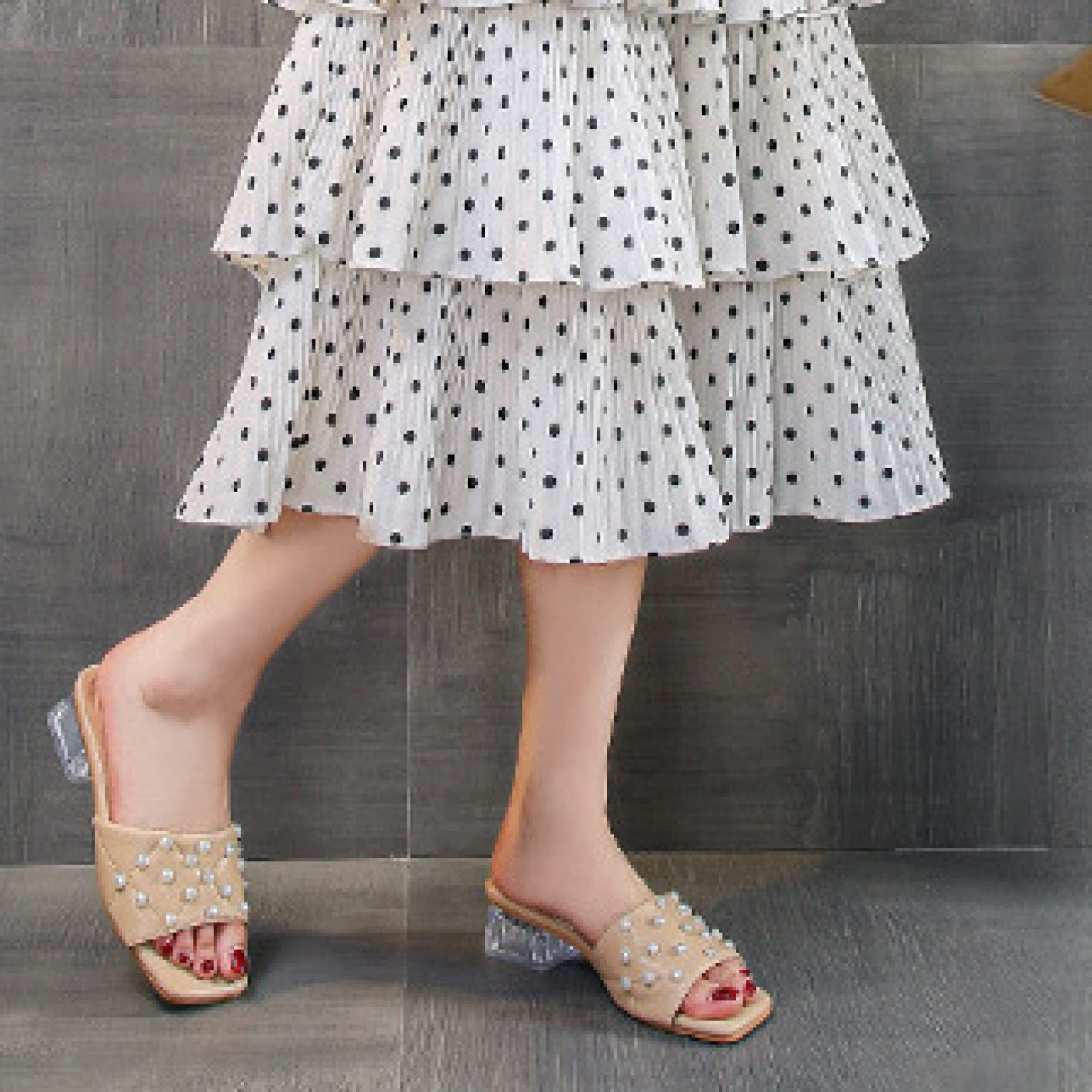 Elegant Pearl Slide Heeled Sandals for Women - Backless Block Mid Heel Mule Dress Shoes | Perfect for Weddings, Parties & Summer Outfits