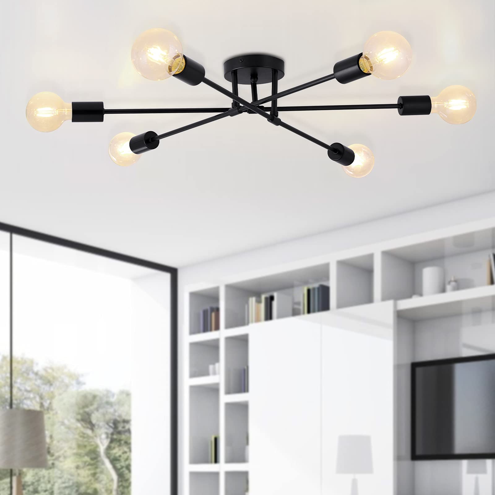 6-Light Sputnik Chandelier - Black Modern Semi Flush Mount Ceiling Light with E26 Base - Mid Century Industrial Vintage Style - Perfect for Kitchen, Farmhouse, Dining Room, Bedroom & Living Room Lighting