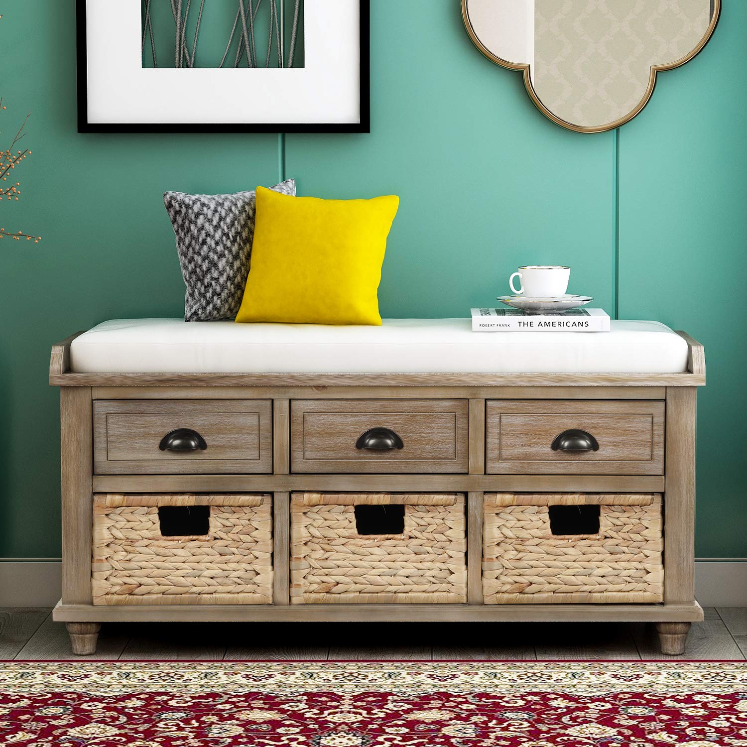 HOUAGI White Washed Storage Bench with 3 Drawers & Rattan Baskets - Entryway Shoe Bench with Removable Cushion for Hallway, Living Room - Perfect for Small Space Organization & Home Decor