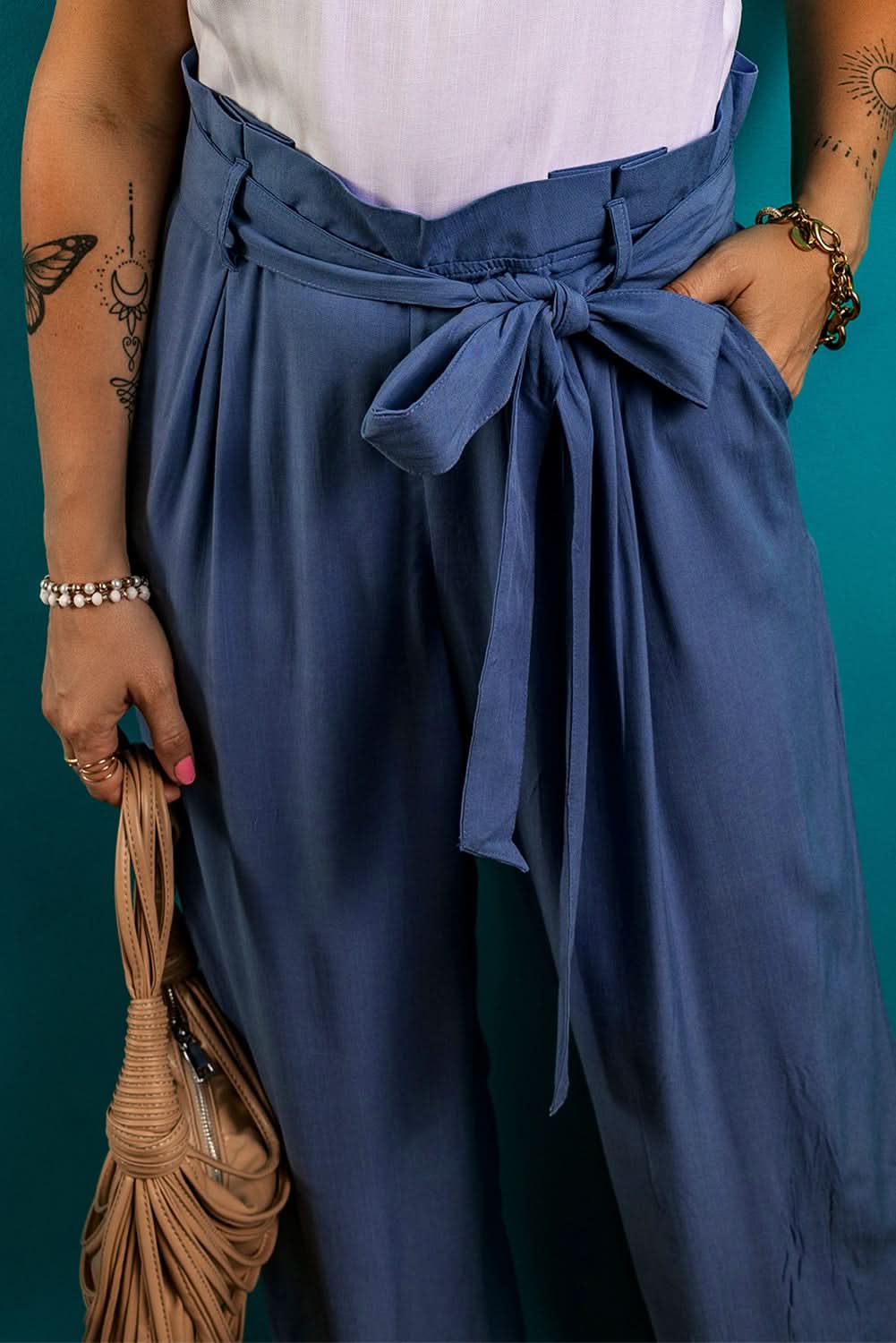 Stylish High-Waist Belted Palazzo Pants for Women - Flowy Wide Leg Trousers with Elastic Waistband - Perfect for Office, Travel & Casual Wear