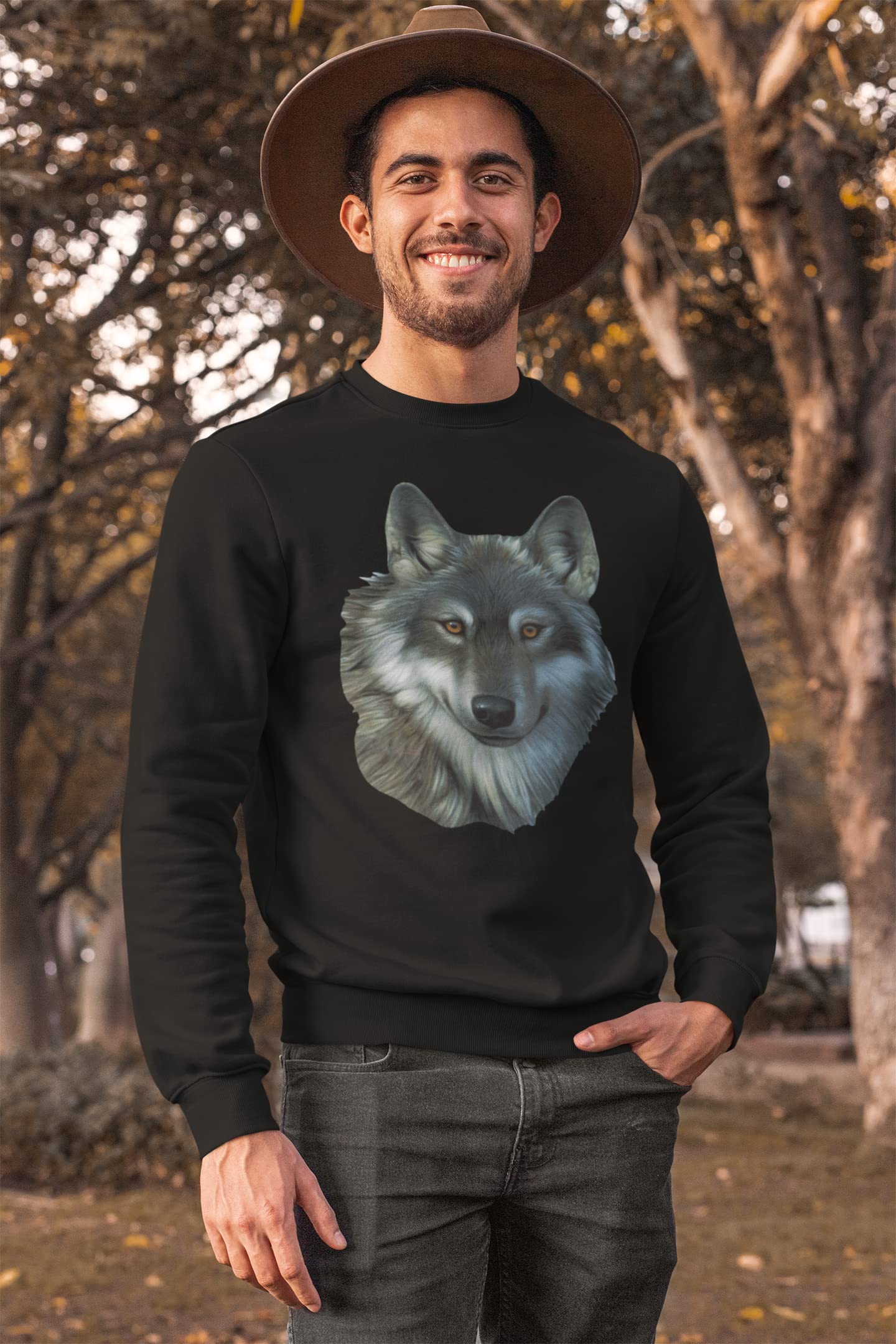 Timber Wolf Face Print Men's Sweatshirt - Cozy Pullover Hoodie for Outdoor Adventures & Casual Wear