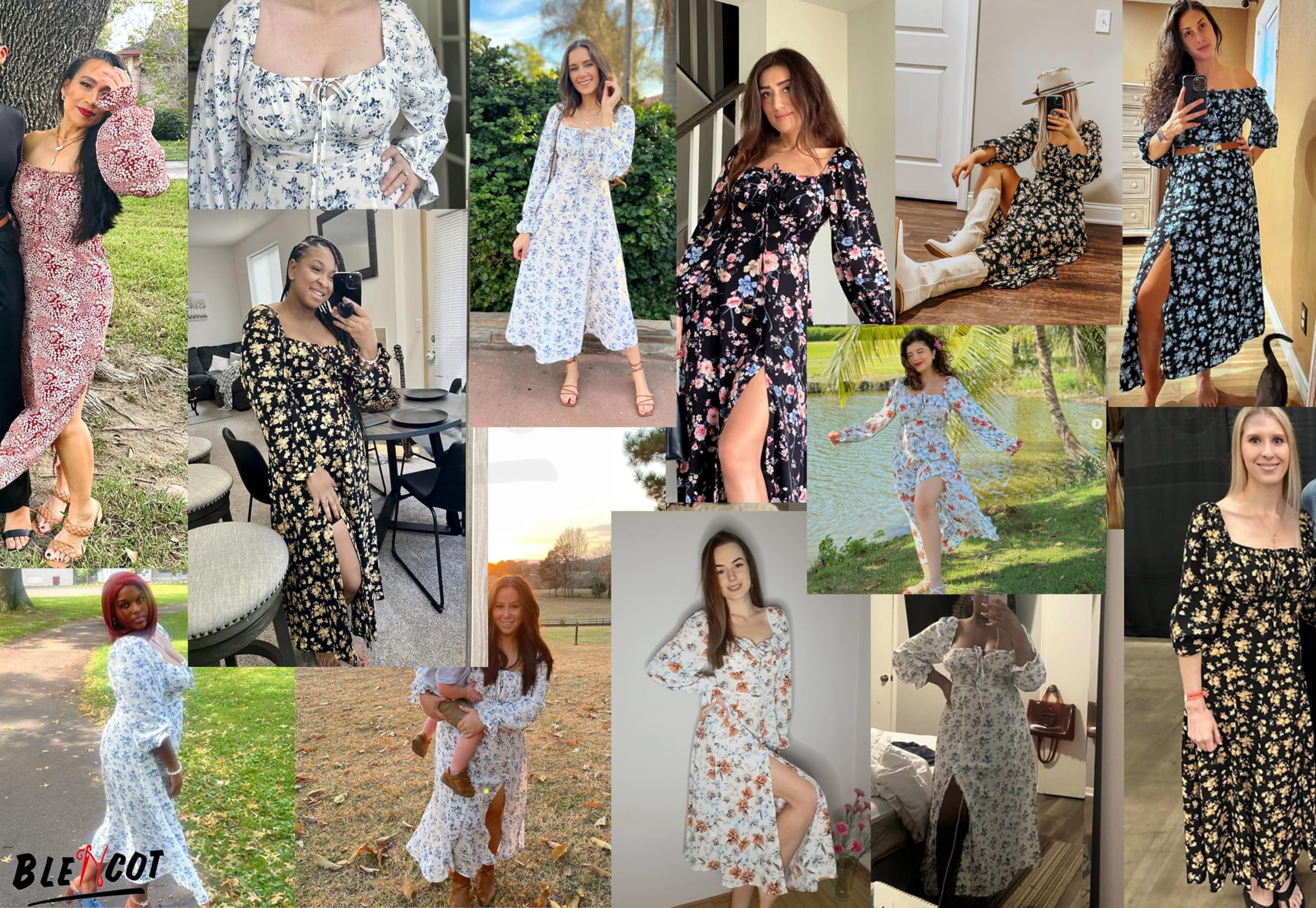 BLENCOT Women's Floral Print Puff Sleeve Maxi Dress - Square Neck Tie Front Ruffle Hem Split A-Line Beach Dress for Summer Vacation, Date Night & Boho Party Outfits