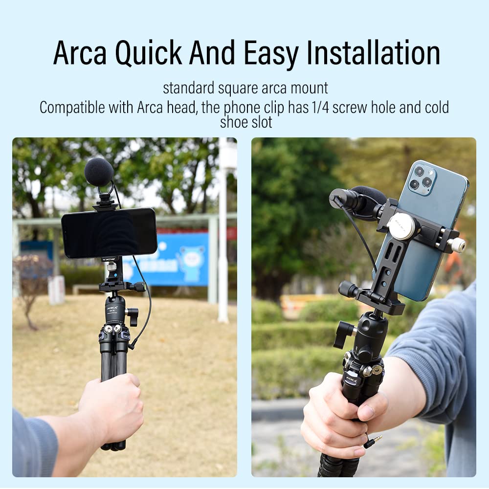 AOKA Metal Phone Tripod Mount - Arca Compatible Base with Cold Shoe | 360° Swivel & 180° Tilt Adjustable | Multiple 1/4