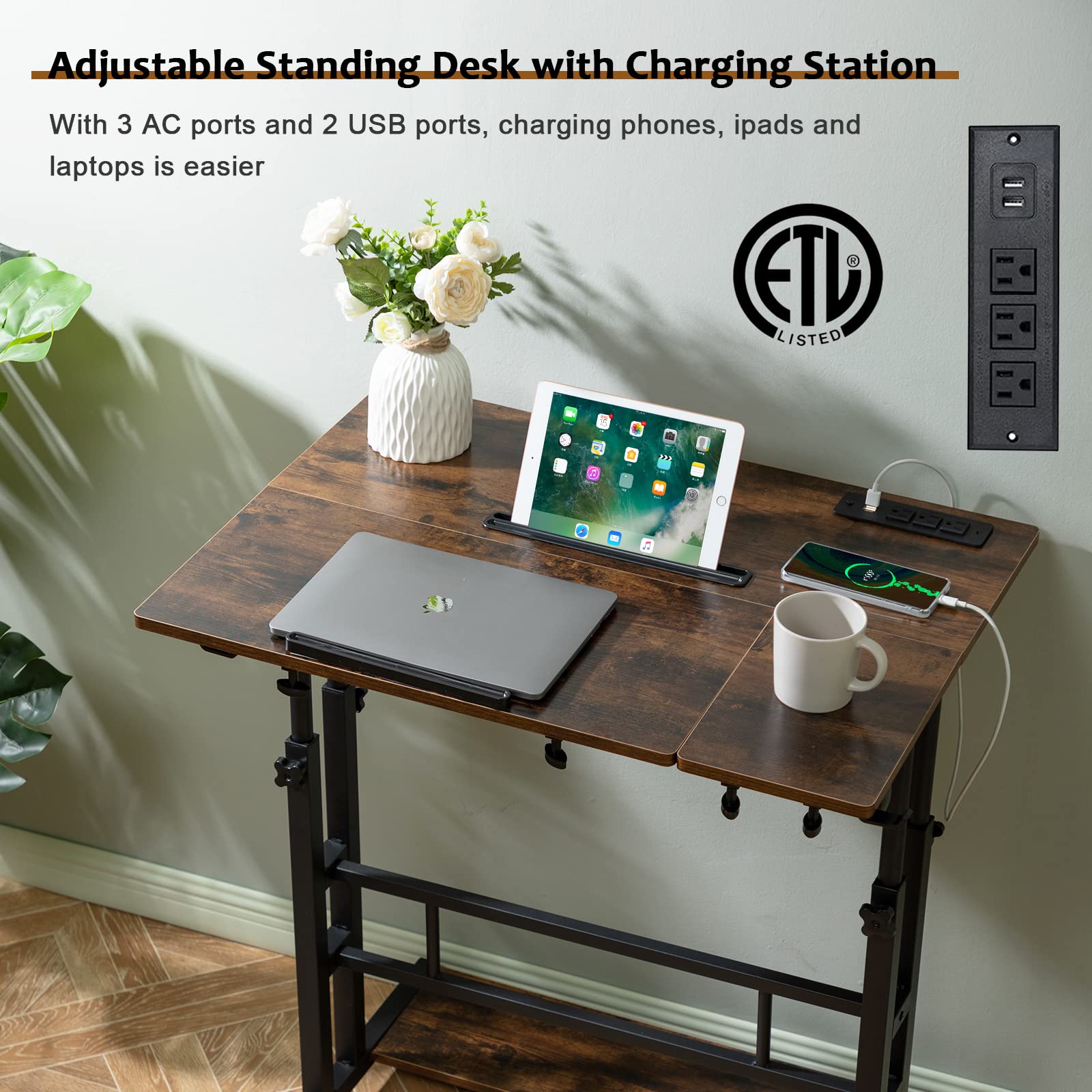 Hadulcet Adjustable Mobile Standing Desk with USB Charging Station - 31.49
