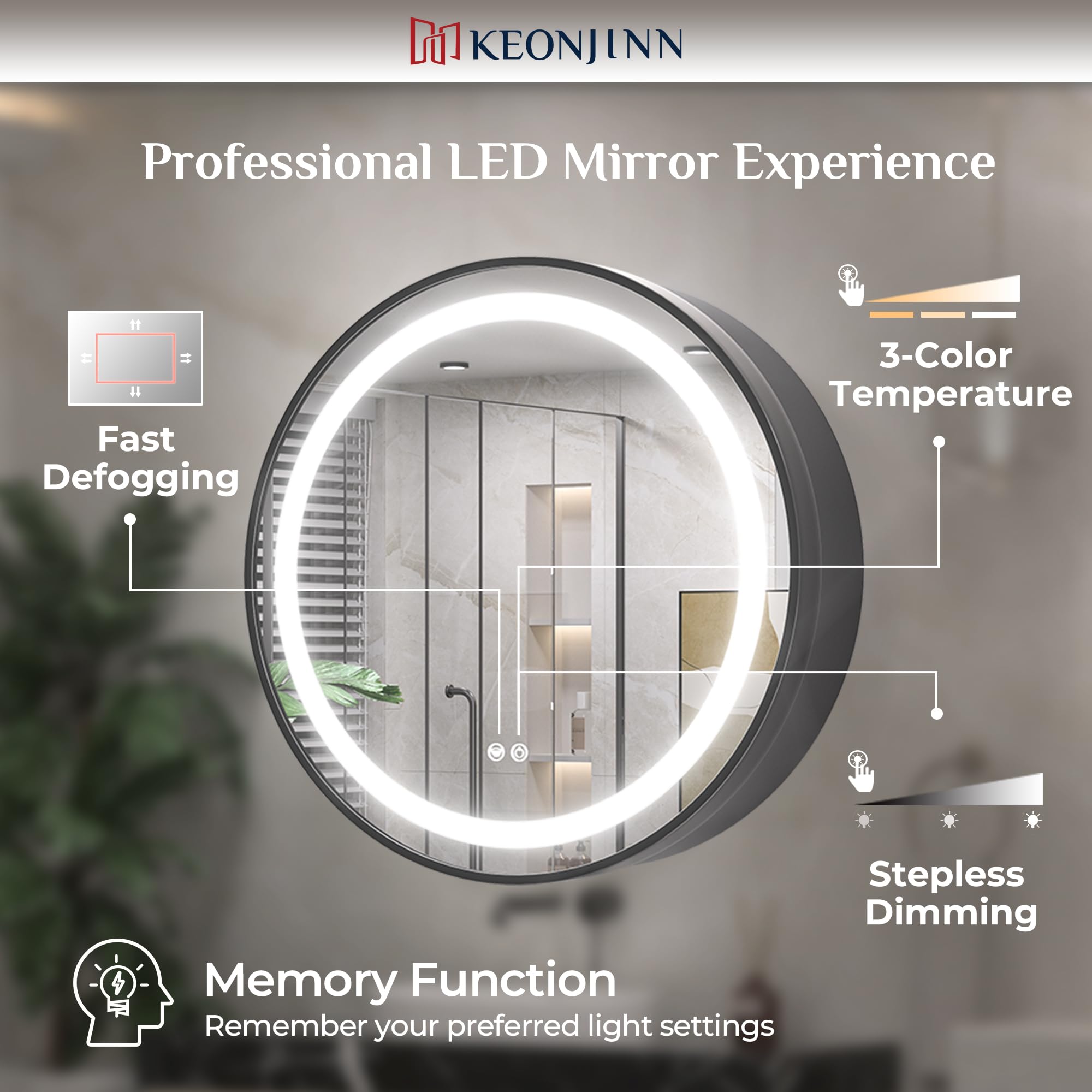 Keonjinn 24 Inch Round LED Medicine Cabinet with Mirror - Black Bathroom Lighted Cabinet, Circle Design, Electrical Outlet, 3 Color Lights, Anti-Fog, Dimmable, Surface Mount - Perfect for Modern Bathrooms & Vanity Areas