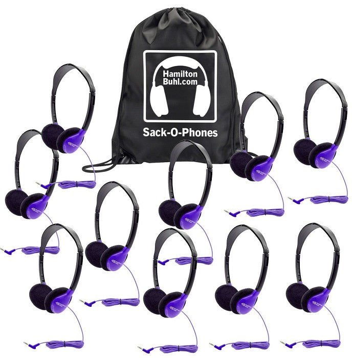 HamiltonBuhl Sack O Phones SchoolMate Personal Headphones (10 Pack) - 5 Color Options for Classroom, Library & Study Use