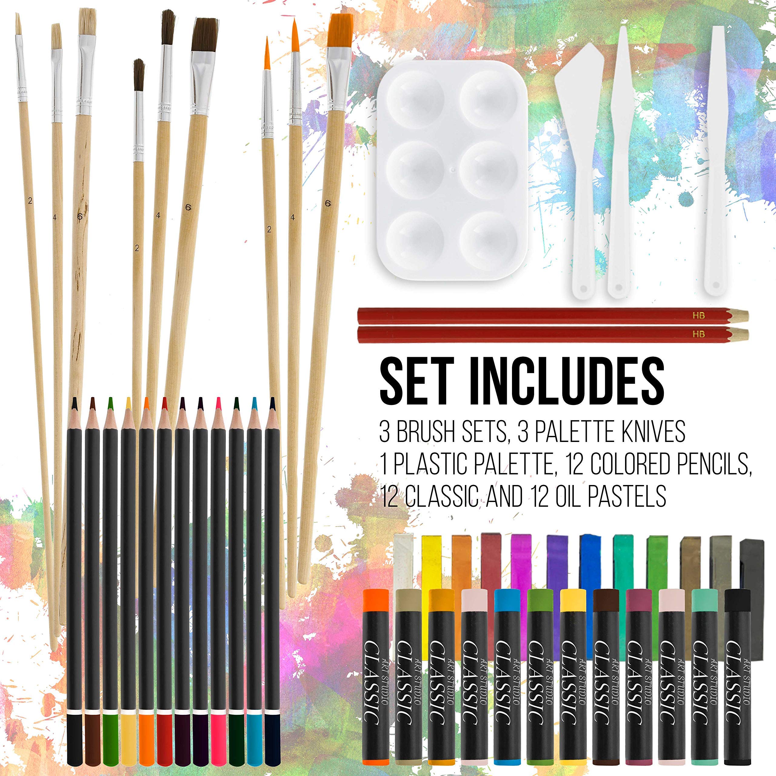 U.S. Art Supply 124-Piece Wooden Box Painting Set - Professional Oil, Acrylic & Watercolor Paints with Brushes, Pastels, Pencils, Sketch Pads & Canvas - Perfect for Artists, Students & Hobbyists - Ideal for Studio, Classroom & Outdoor Painting