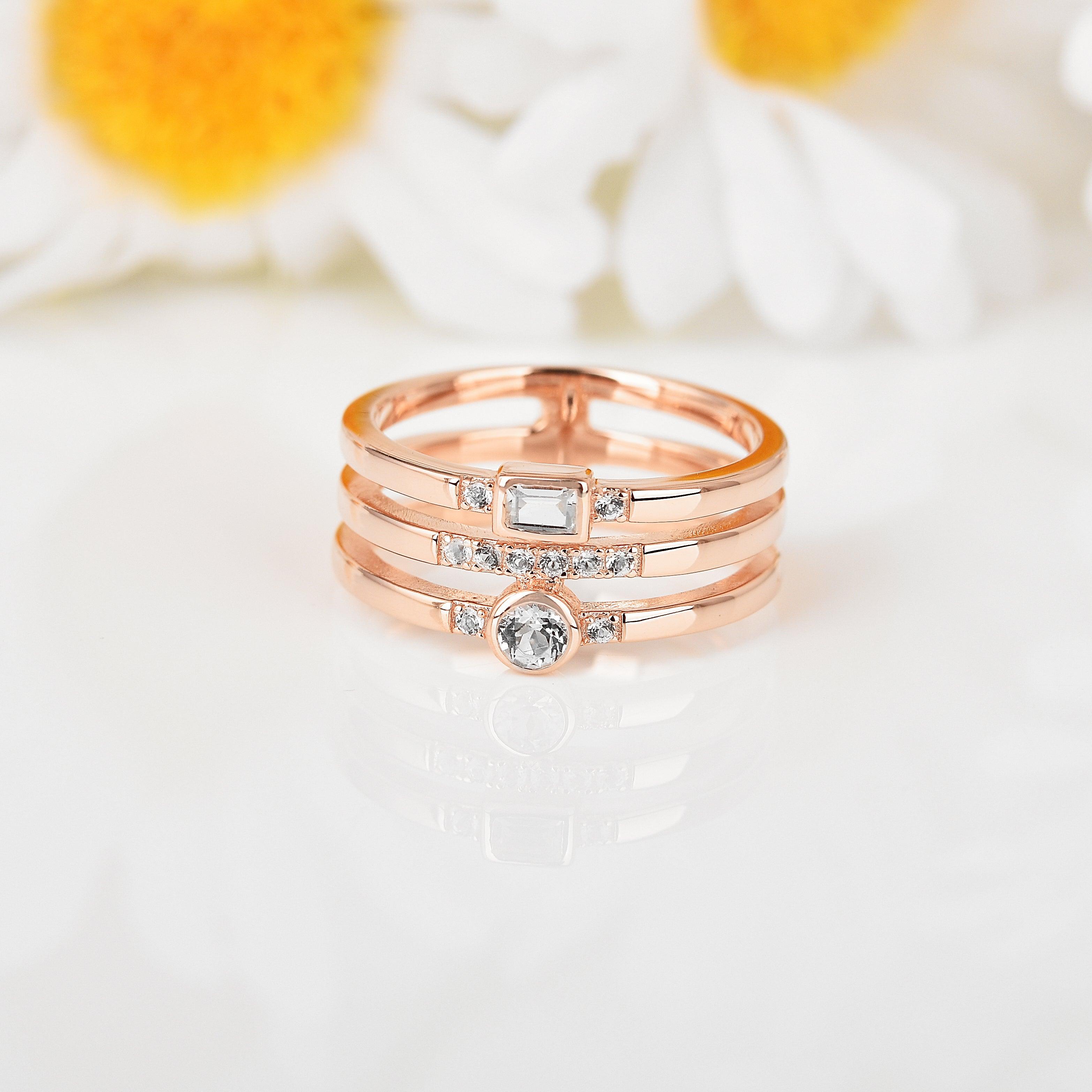 White Sapphire Rose Gold Three Band Fashion Ring for Women – Elegant Stackable Jewelry for Weddings, Parties & Everyday Wear