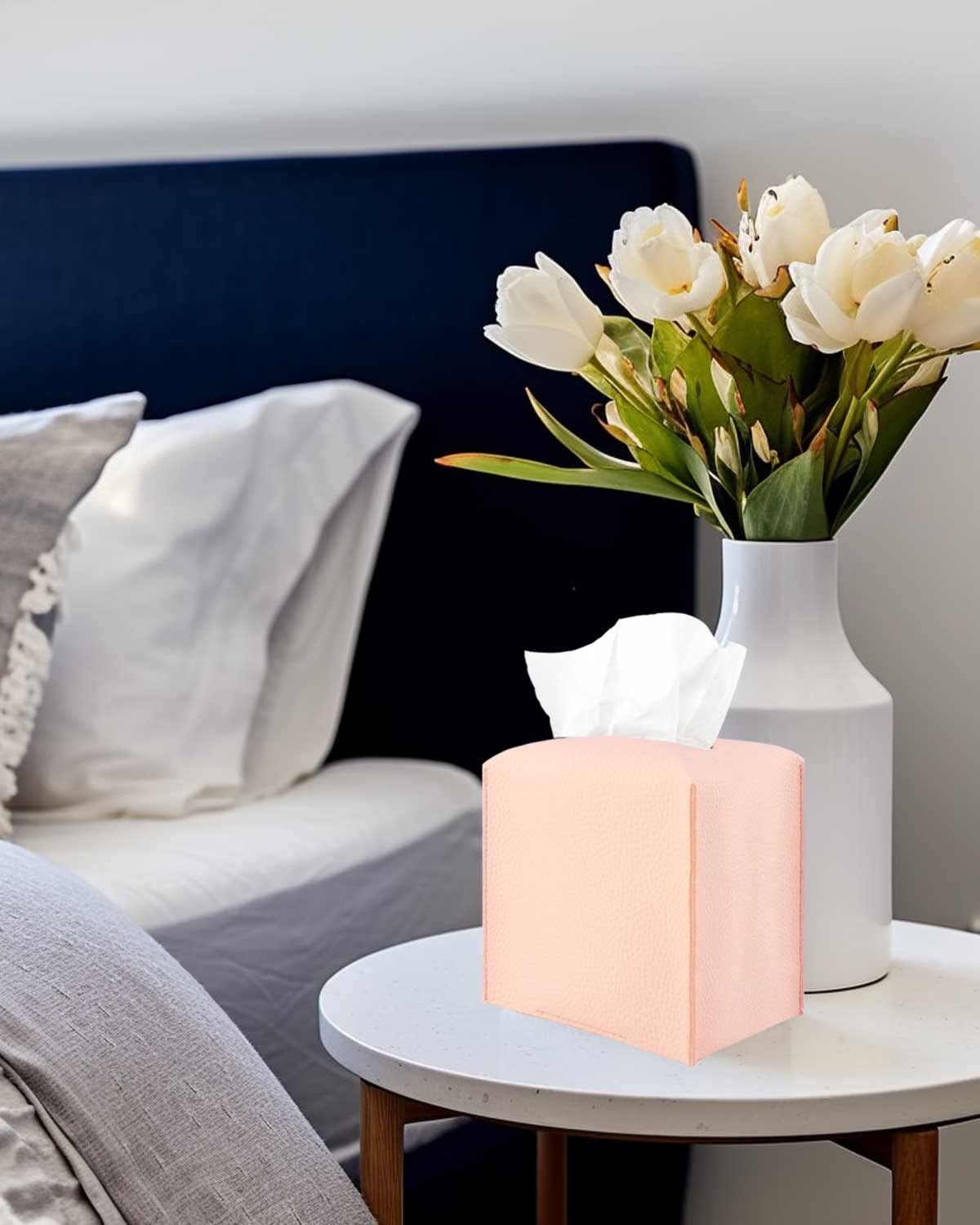 Elegant Pink PU Leather Tissue Box Cover with Bottom Belt - Modern Decorative Holder for Bathroom Vanity, Nightstand & Office Desk | Perfect for Home Decor, Gift Giving & Organization