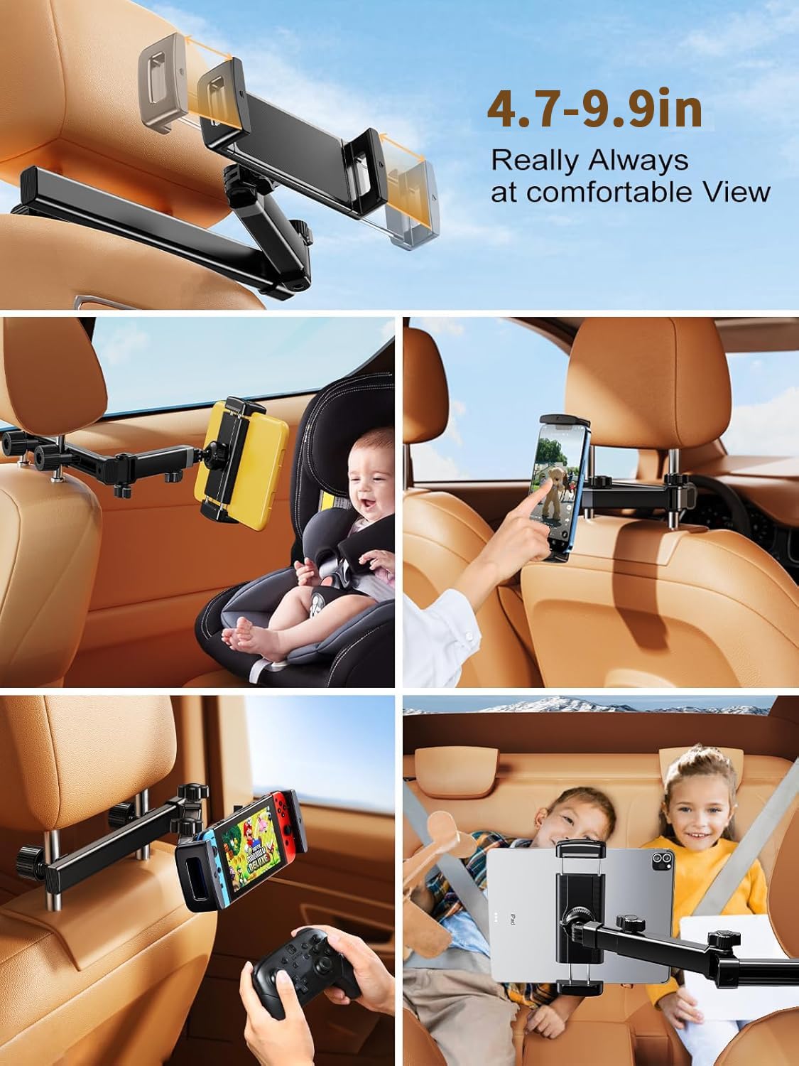 Universal Car Backseat Tablet Holder with Adjustable Extension Arm - Headrest Mount for iPad & 4.7-12.9