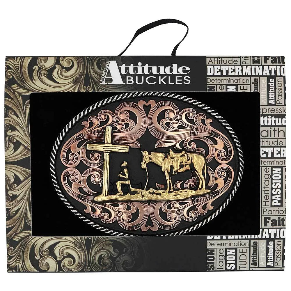 Tri-Tone Christian Cowboy Attitude Belt Buckle - Western Style Accessory for Jeans & Boots - Perfect for Rodeo, Church & Country Events
