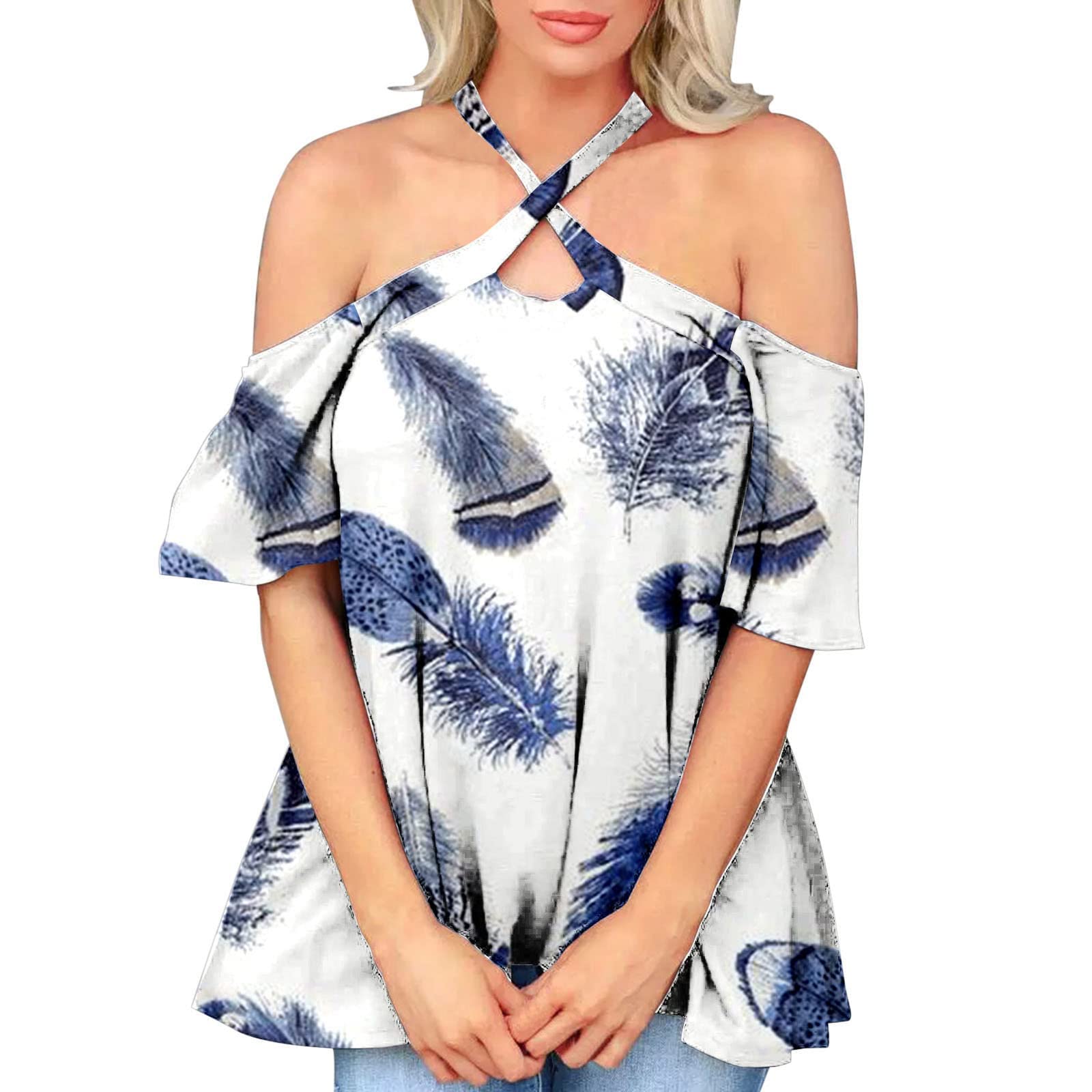 Sexy Women's Summer Halter Neck Off Shoulder Short Sleeve Printed Tunic Top - Elegant Casual Blouse for Beach, Party & Vacation Gifts