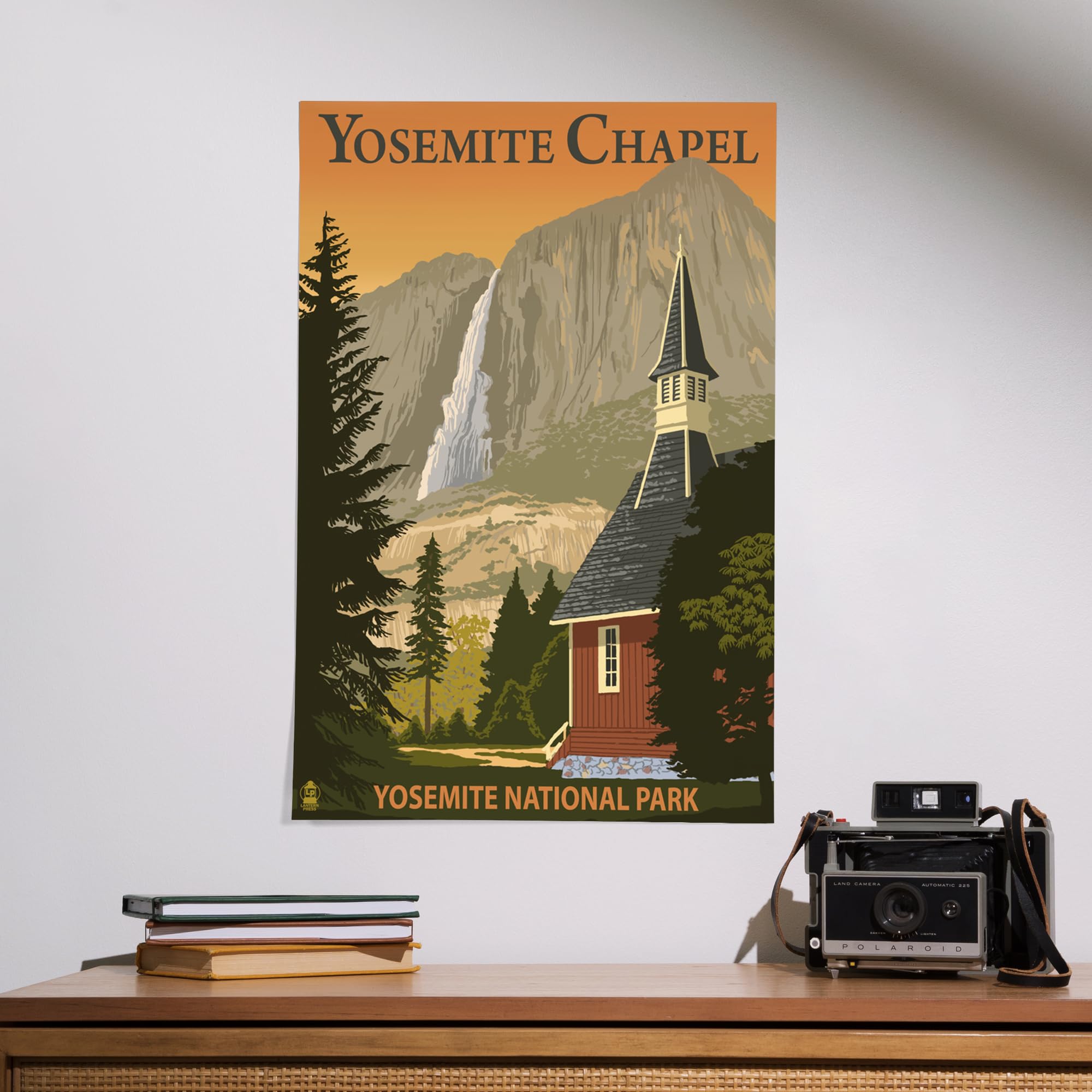 Lantern Press 16x24 Inch Premium Giclee Art Print - Yosemite Chapel & Yosemite Falls Landscape Wall Decor - Perfect for Living Room, Bedroom & Office