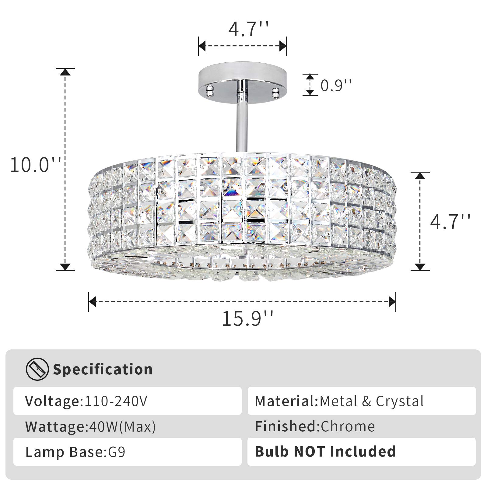 Modern Crystal Semi Flush Mount Ceiling Light Fixture - 5-Light Design with G9 Bulb for Hallway, Kitchen, Dining Room & Living Room - Elegant Home Lighting for Entryways and Open Concept Spaces