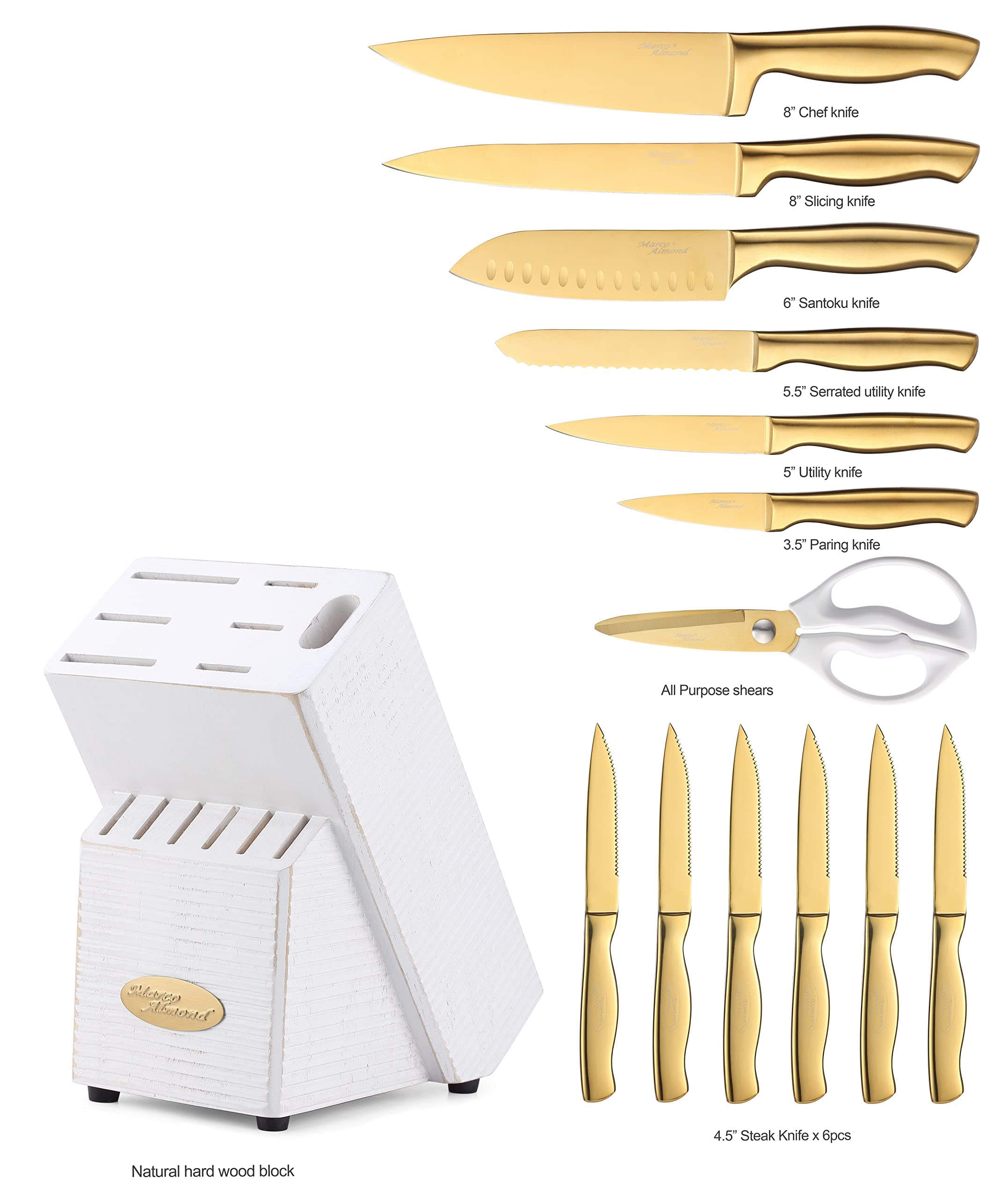 KYA23 14-Piece Golden Titanium Knife Set with Acrylic Stand - Premium Marco Almond MA21 Kitchen Knives for Slicing, Dicing & Chopping - Perfect for Home Chefs & Professional Cooking