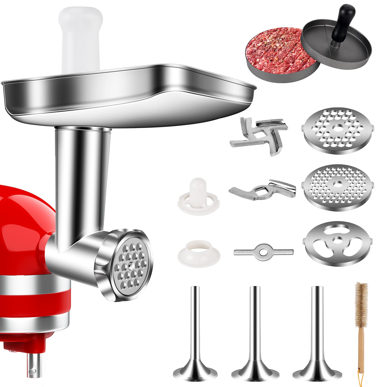 KitchenAid Stand Mixer Meat Grinder Attachment - Stainless Steel Food Grinder with 3 Sausage Stuffer Tubes, 4 Blades & Plates, Burger Press & Meatball Maker for Home Kitchen & BBQ Preparation