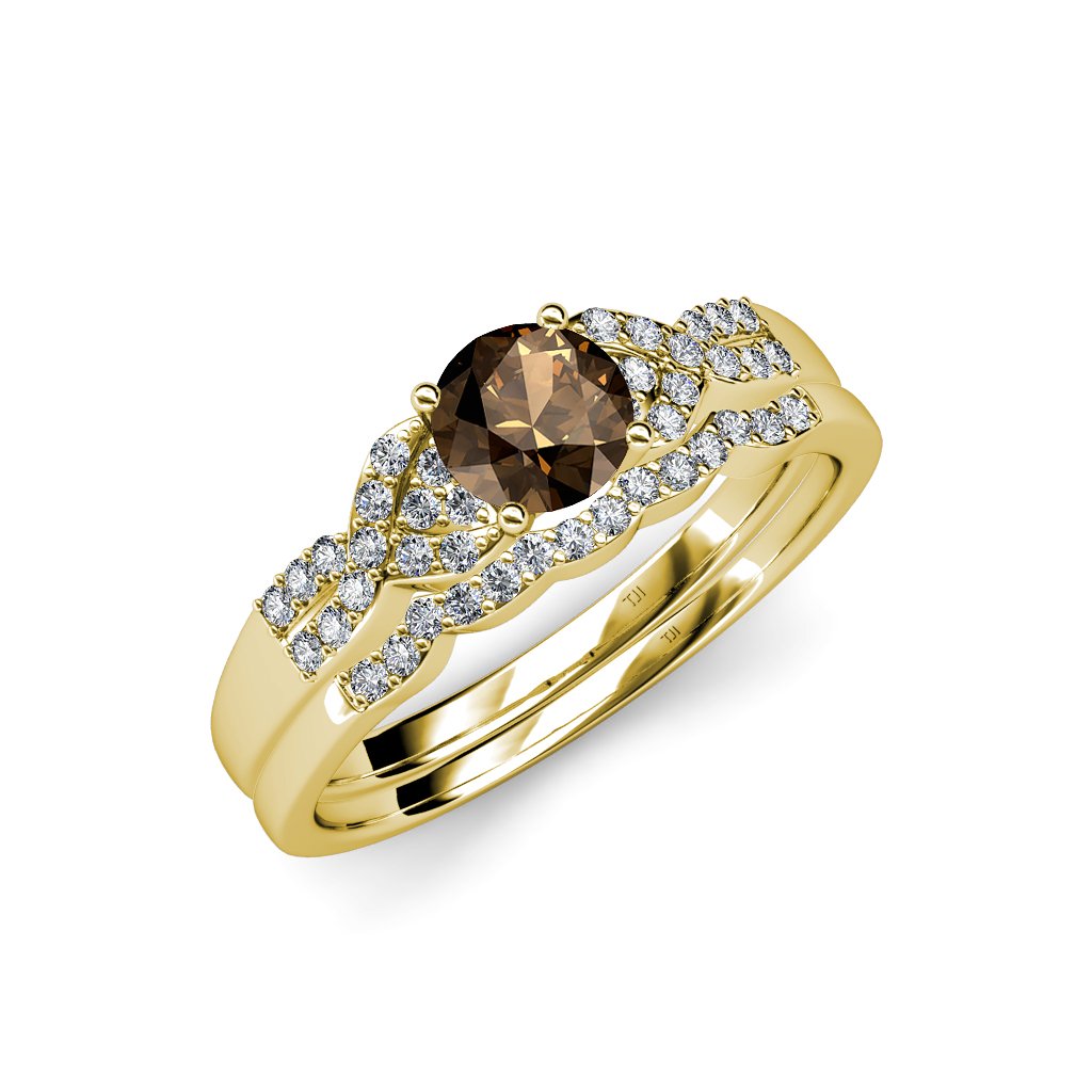 1.35ctw Smoky Quartz & Diamond Engagement Ring & Wedding Band Set in 14K Yellow Gold - Perfect for Proposals, Weddings & Anniversary Gifts