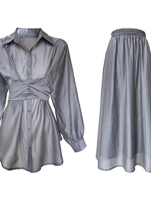 Lovevop Cross Tie Waist Light Silk Shirt & Skirt 2-Piece Set - Elegant Women's Outfit for Work, Date Night & Special Occasions