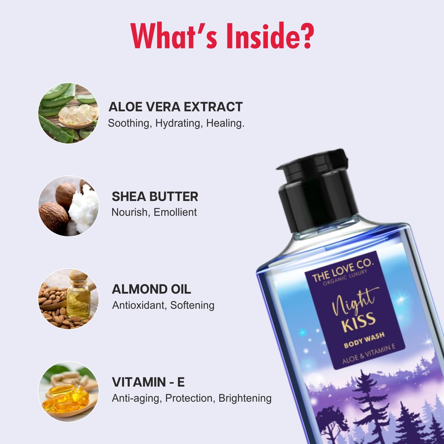 The Love Co. Night Kiss Body Wash for Women - Organic & Vegan Moisturizing Shower Gel with Shea Butter, Vitamin E & Niacinamide - Long-Lasting Fragrance, Cruelty-Free & Paraben-Free (10 fl oz) - Perfect for Relaxing Nighttime Showers & Travel Essentials