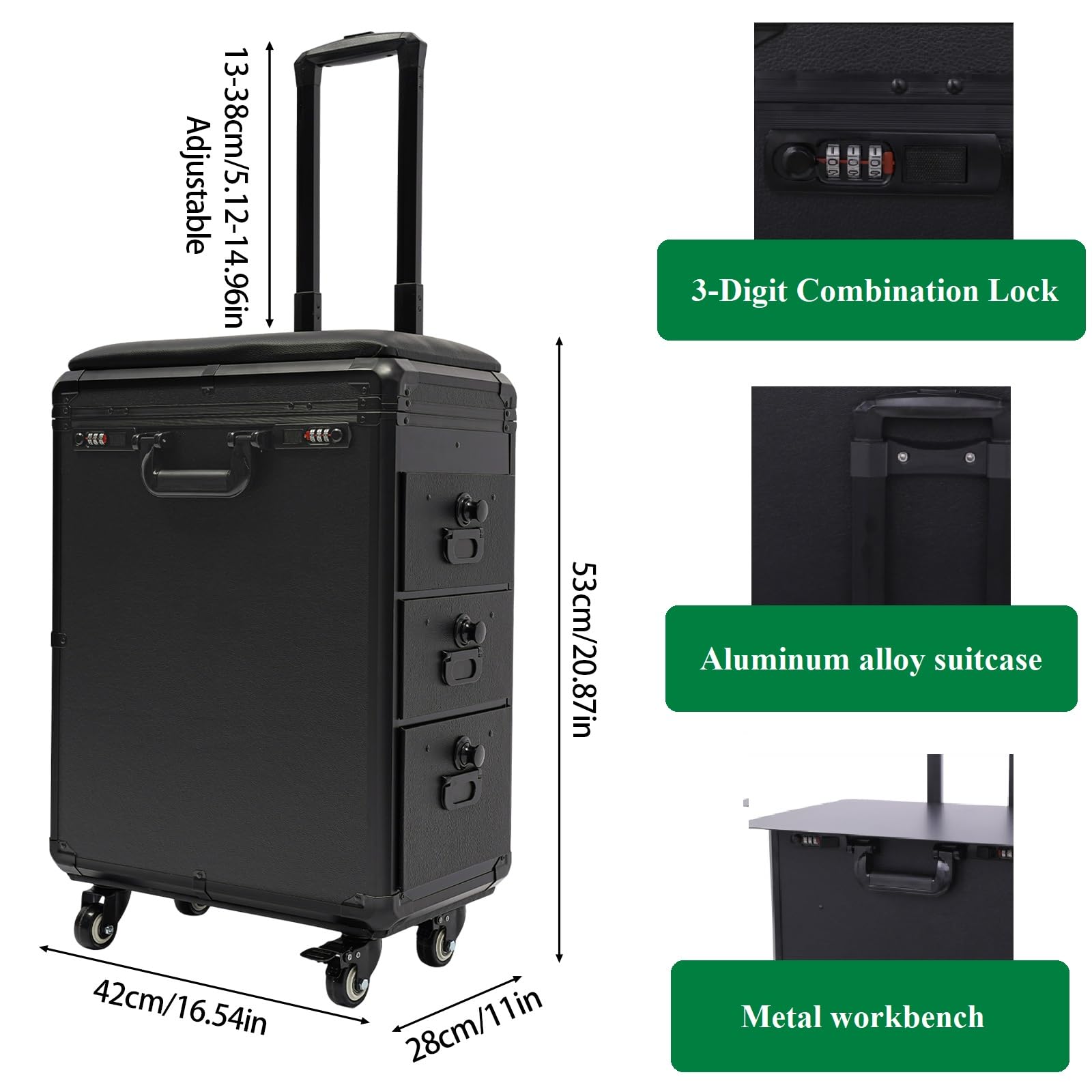 Professional Rolling Makeup Case with Tattoo Armrest Stand - 4 Universal Wheels & Combination Lock - Portable Cosmetic Organizer for Makeup Artists (Metal Panel) | Ideal for Salon, Tattoo Studio & Mobile Beauty Services
