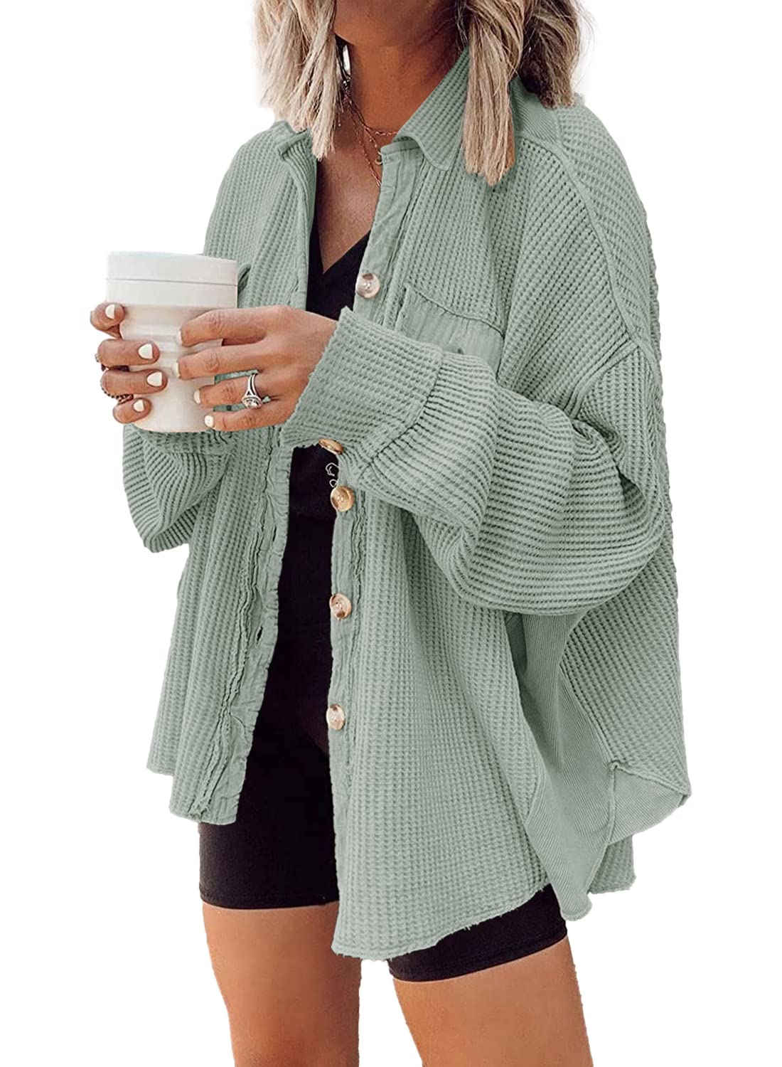 Nirovien Women's Waffle Knit Shacket - Oversized Button Down Shirt Jacket for Women | Lightweight Spring Outfits & Casual Clothes | Perfect for Layering, Outdoor Activities & Everyday Wear