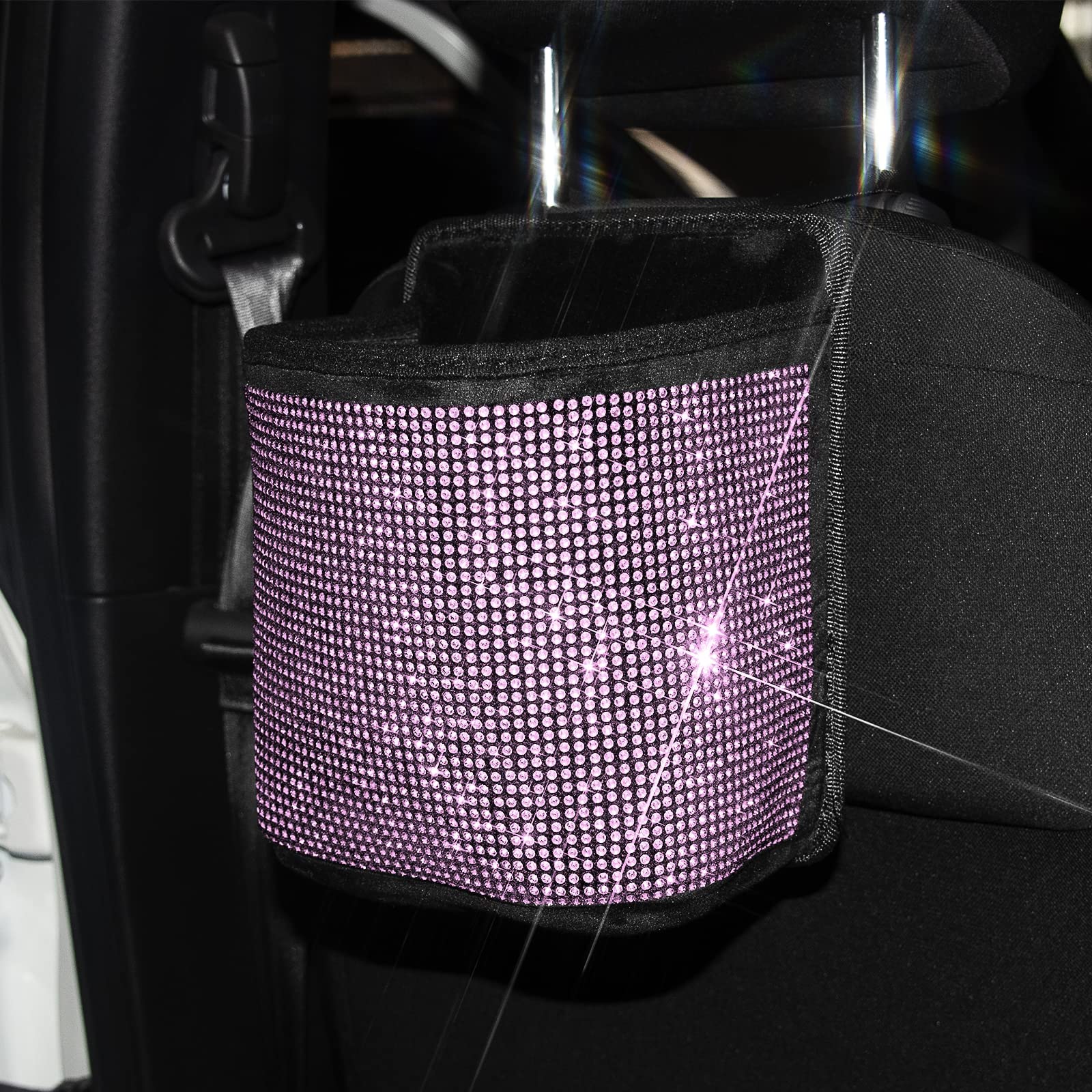 Premium Bling Crystal Car Seat Organizer - 2-Pack Pink Diamond Car Accessory for Front/Back Seat Storage | Travel Caddy Bag & Garbage Pocket Bin | Perfect for Road Trips, Daily Commute & Family Car Organization