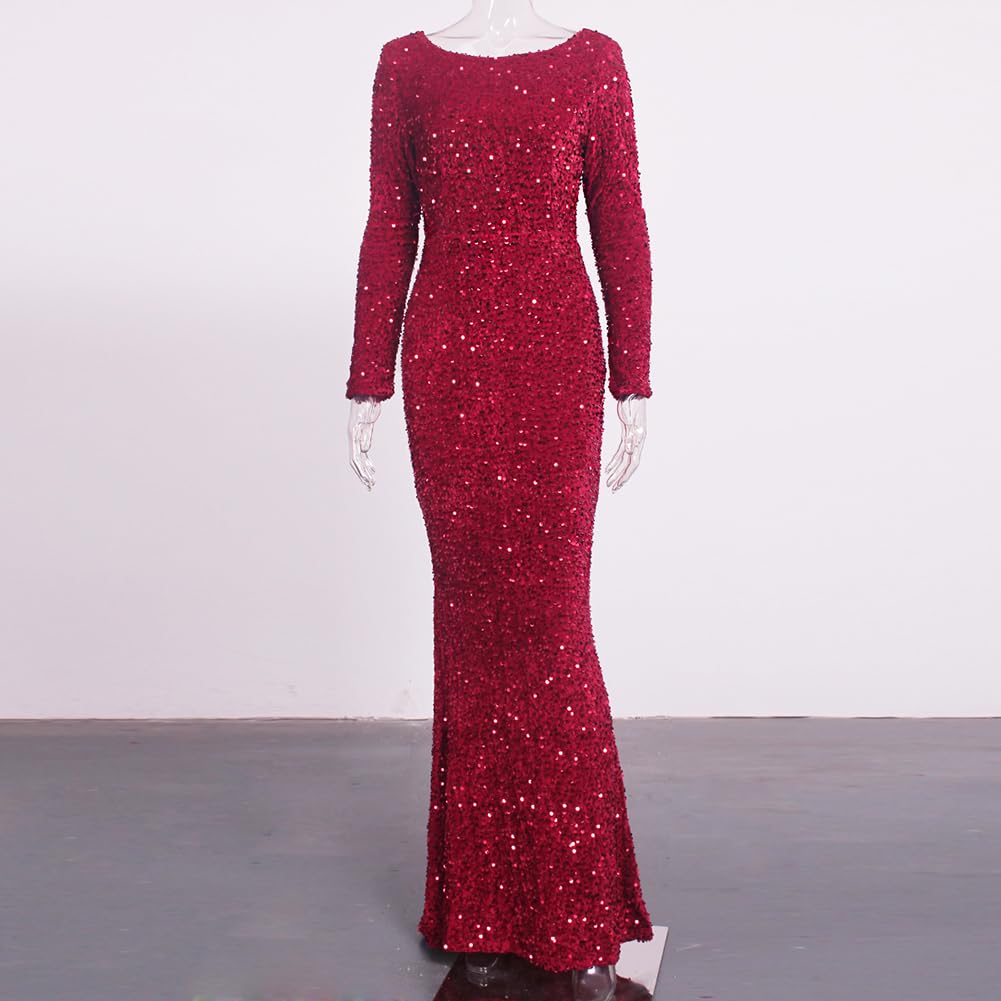 Velvet Stretch Sequin Formal Evening Gown - Long Sleeve O Neck Maxi Dress for Prom, Wedding & Holiday Parties