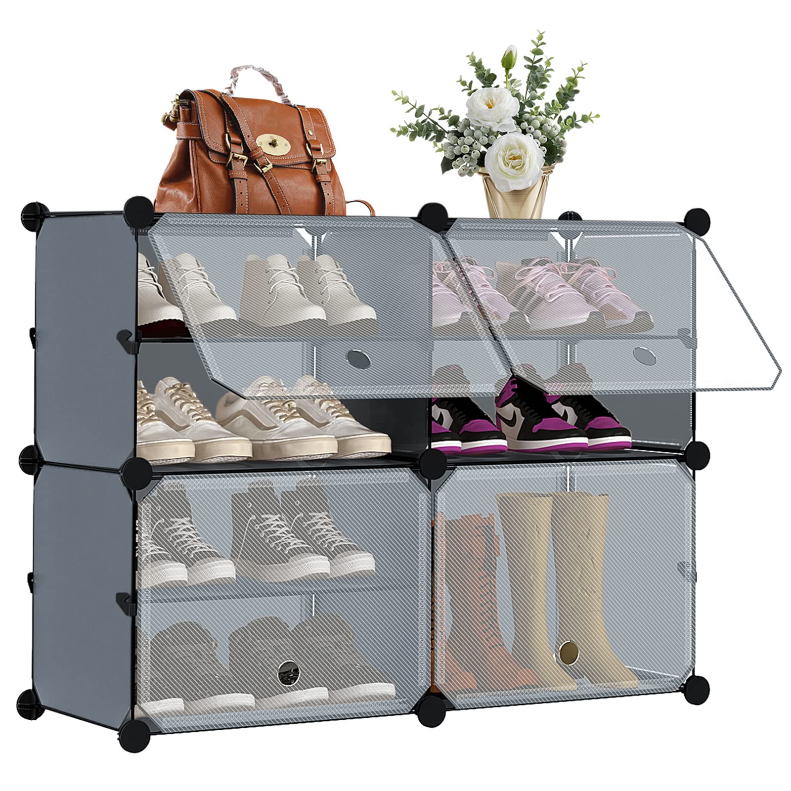 4-Tier 8-Cube Shoe Rack Organizer Cabinet - Holds 16 Pairs of Shoes - Freestanding DIY Plastic Storage Shelves for Entryway, Hallway, Bedroom, Closet or Garage - Dark Grey - Perfect for Small Spaces & Shoe Organization