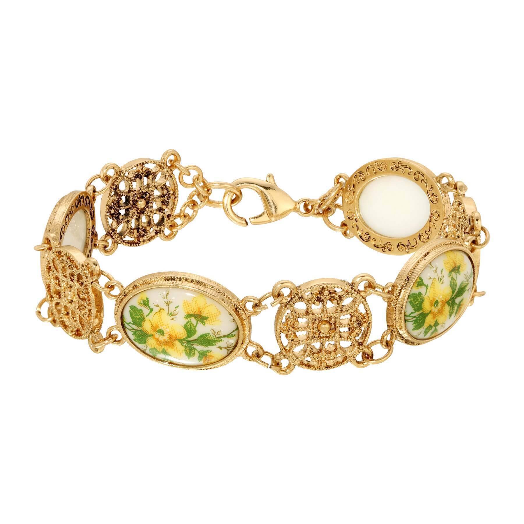 1928 Vintage Round Filigree Yellow Flower Glass Stone Link Bracelet - Elegant Jewelry for Women, Perfect for Weddings, Parties & Special Occasions