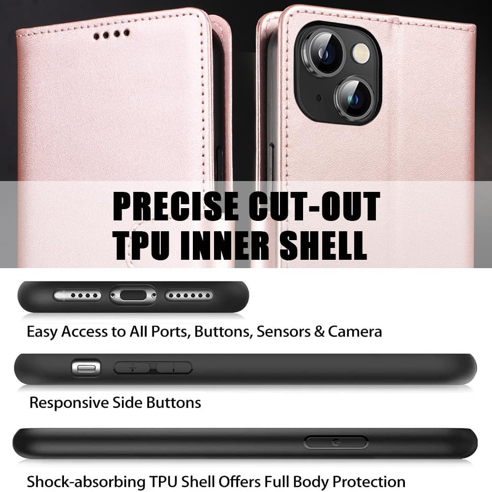 Premium Genuine Leather iPhone 15 Wallet Case with RFID Blocking, Kickstand & Magnetic Closure - Anti-Theft Credit Card Holder for Cash & Cards (Rose Gold) - Perfect for Travel, Work & Daily Protection