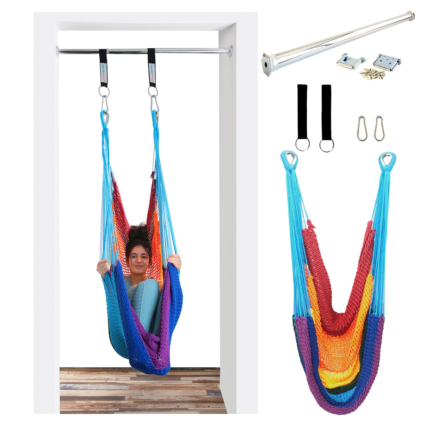 DreamGYM Doorway Hammock Swing - Indoor Hammock Chair with Stand for Door Frame - Sensory Swing for Kids & Adults - Rainbow Color - Perfect for Relaxation, Yoga & Playtime at Home