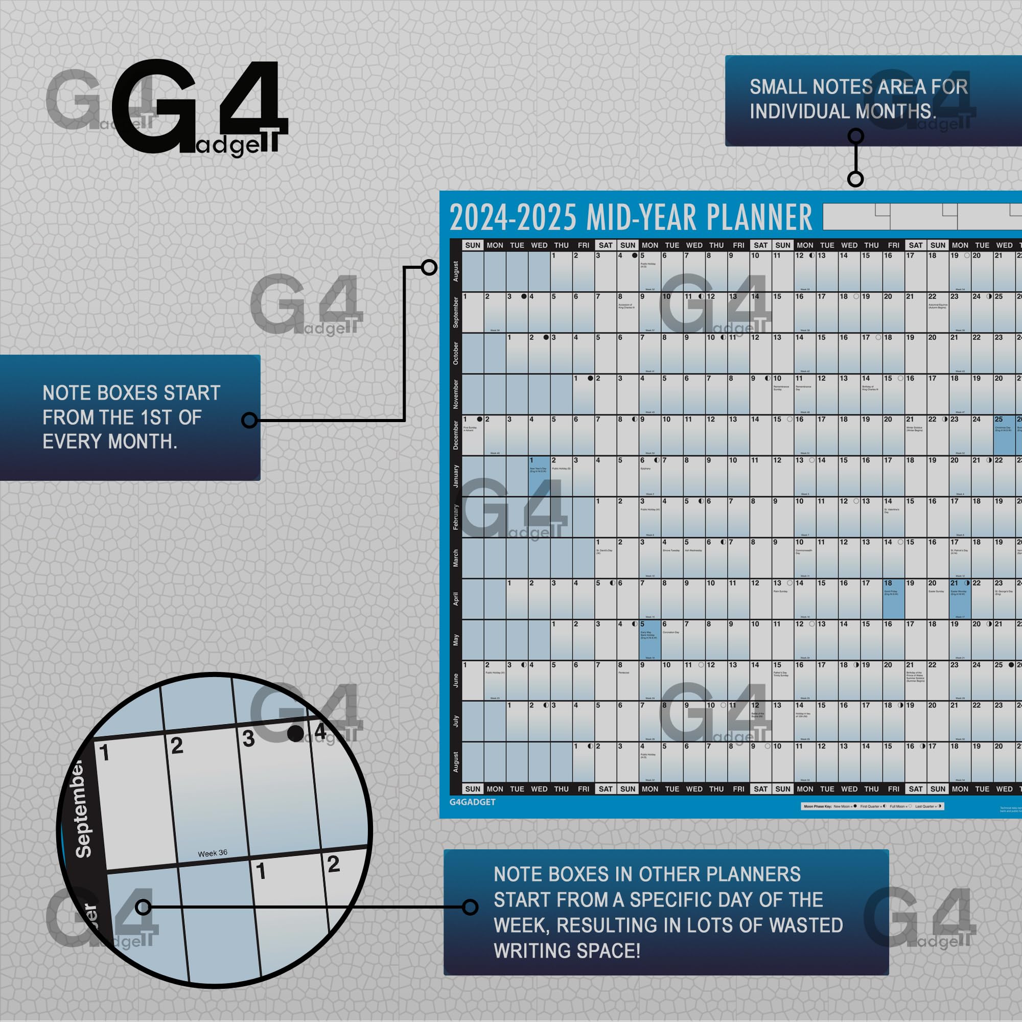 G4GADGET Academic Mid Year Planner 2024-2025 | Large A1 Size Wall Calendar (85cm x 58cm) | 13-Month Yearly Planner with UK Holidays | Perfect for Office, Home & School Organization | Great for Students, Teachers & Professionals