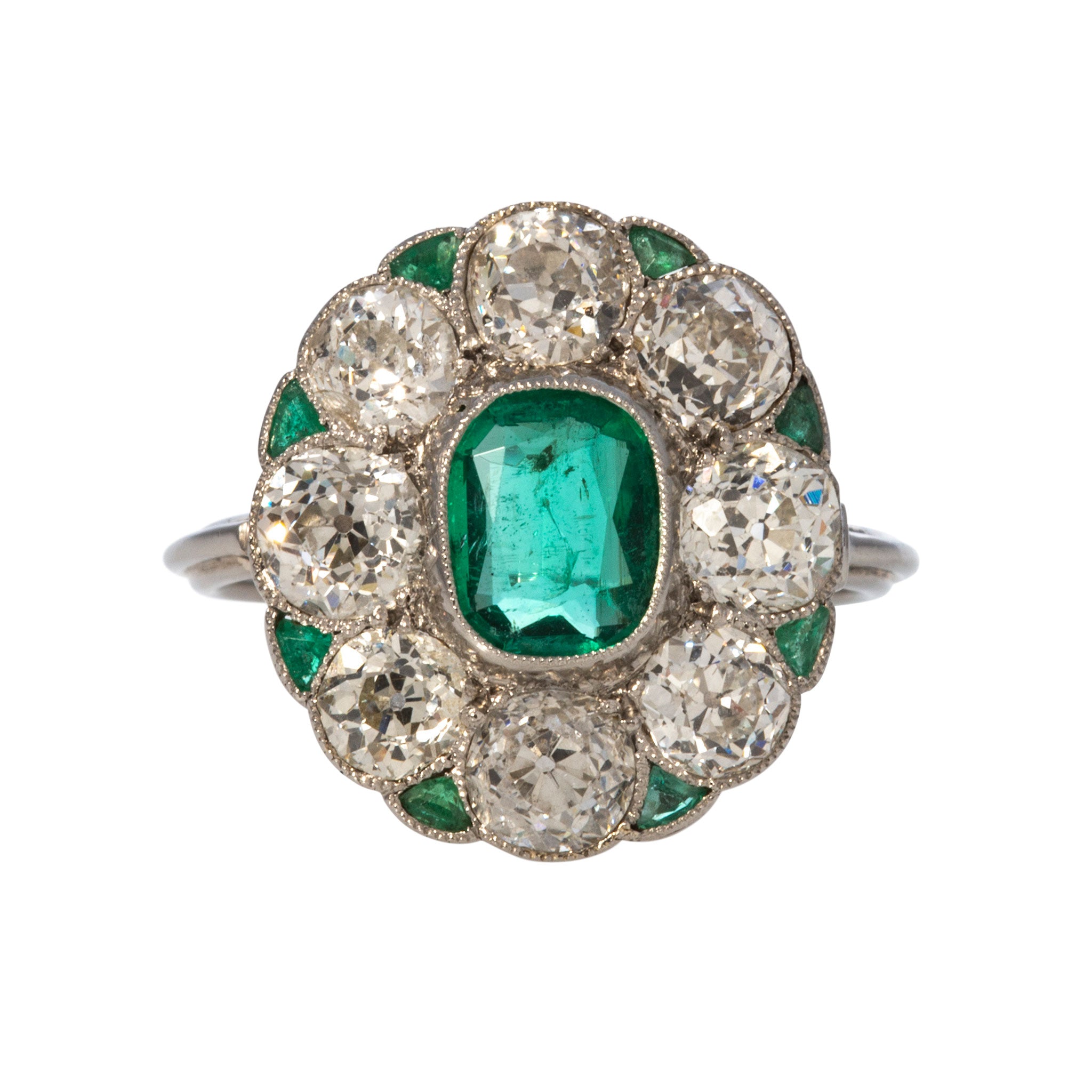 Vintage Art Deco Cushion Emerald & Old Mine Cut Diamond Cluster Platinum Ring – Perfect for Weddings, Anniversaries & Special Occasions