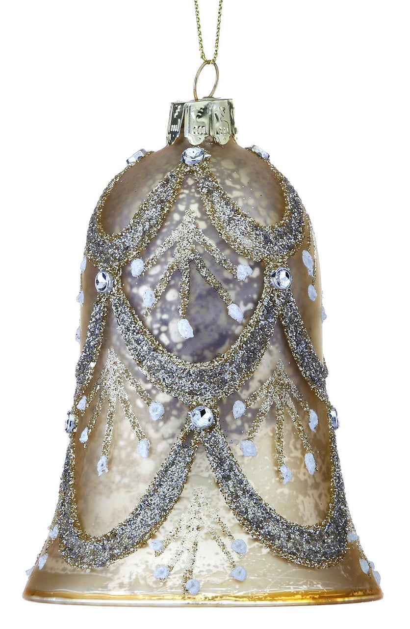 Vintage Gold Beaded Glass Bell Ornament - Handmade Christmas Tree Decor, Holiday Home Decoration, Wedding Party Favors & Gift for Collectors