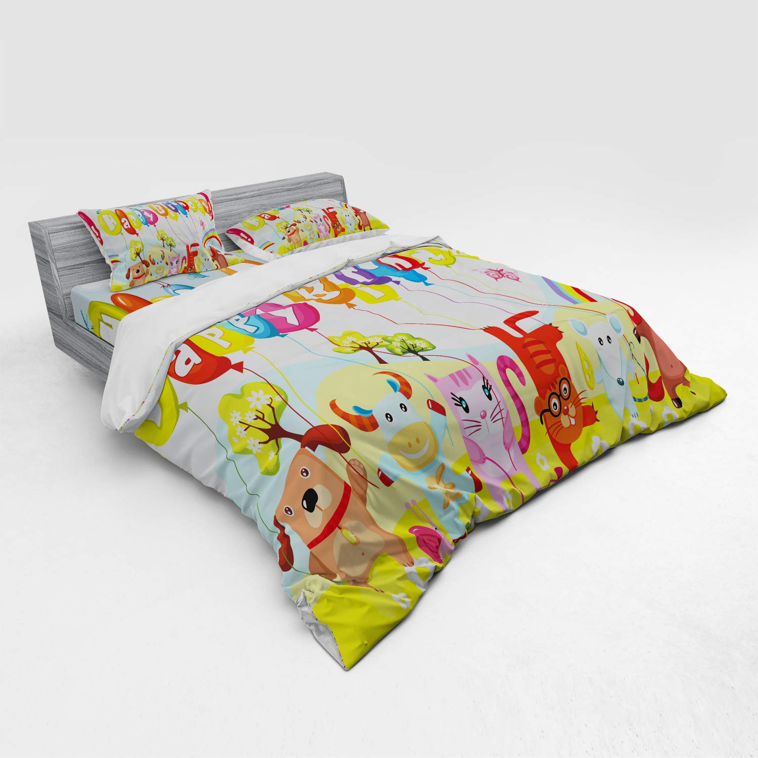 Ambesonne Farm Life Animals Birthday Party Bedding Set - King Size 4-Piece Duvet Cover with Shams & Fitted Sheet, Colorful Balloons Rainbow Clouds Village Theme - Perfect for Kids' Birthday Parties, Themed Bedrooms & Fun Sleepovers