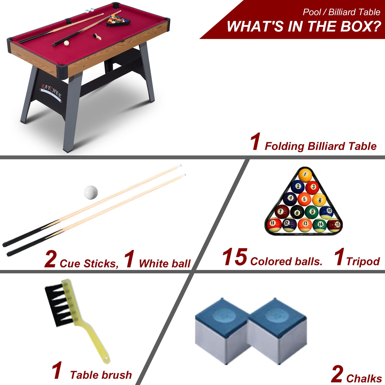 Portable 4ft Billiards Table for Kids & Adults - Indoor Pool Table Set with 2 Cue Sticks, 16 Balls, Triangle, Chalk & Brush - Perfect for Family Game Rooms, Playrooms & Home Entertainment