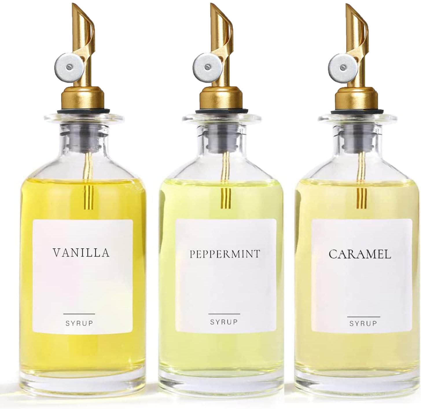 Premium Set of 3 Glass Coffee Syrup Dispenser Bottles - 16.23oz with Pump & 10 Labels - Perfect for Coffee Bar, Home Kitchen & Cafe Organization - Ideal for Flavored Syrups, Creamers & Drink Stations