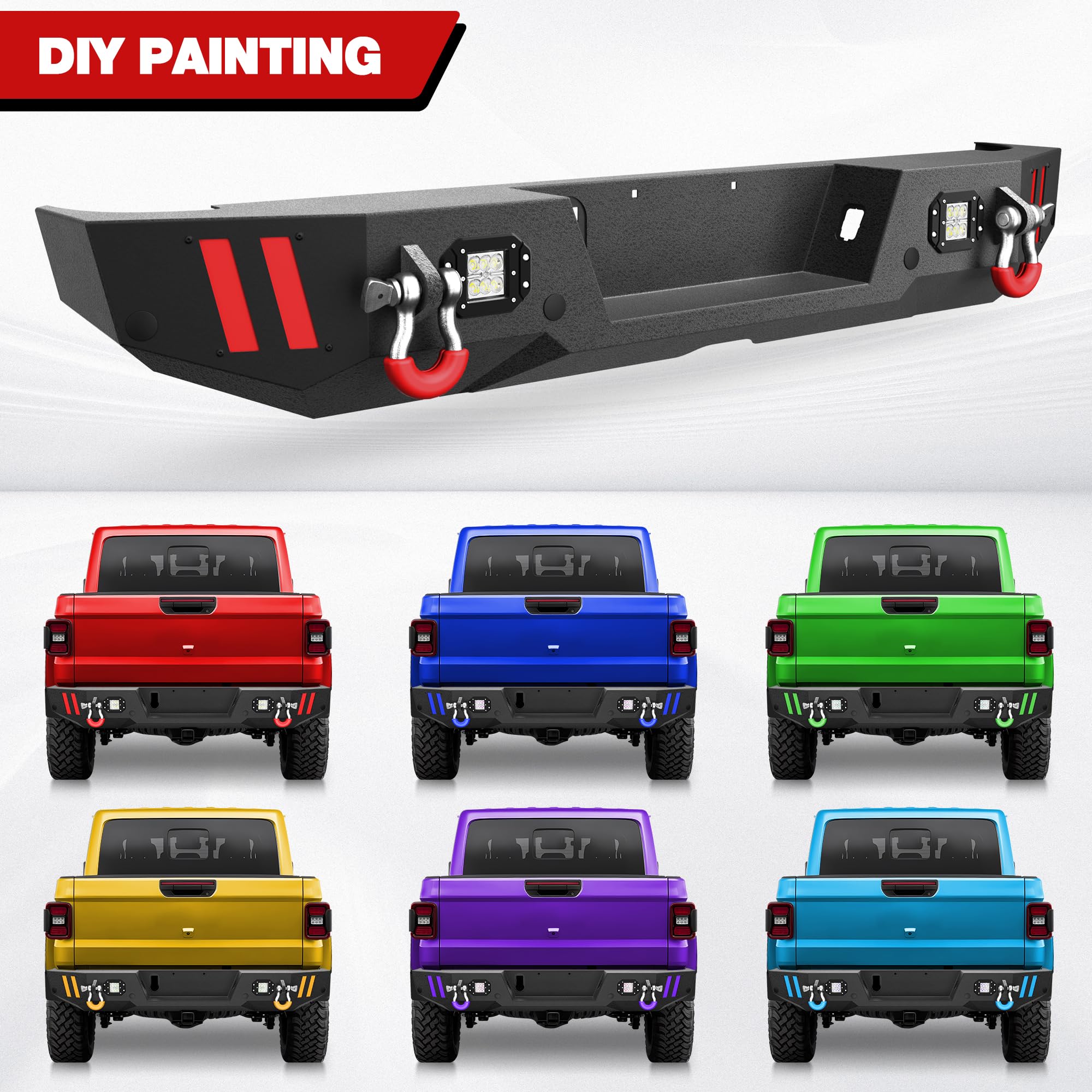 Jeep Gladiator JT Rear Bumper (2020-2024) - Textured Black Truck Bumper with Step Plate, LED Lights, Sensor Holes & D-Rings | Heavy Duty Off-Road Protection for Jeep Pickup | Perfect for Trail Riding, Overlanding & Daily Driving