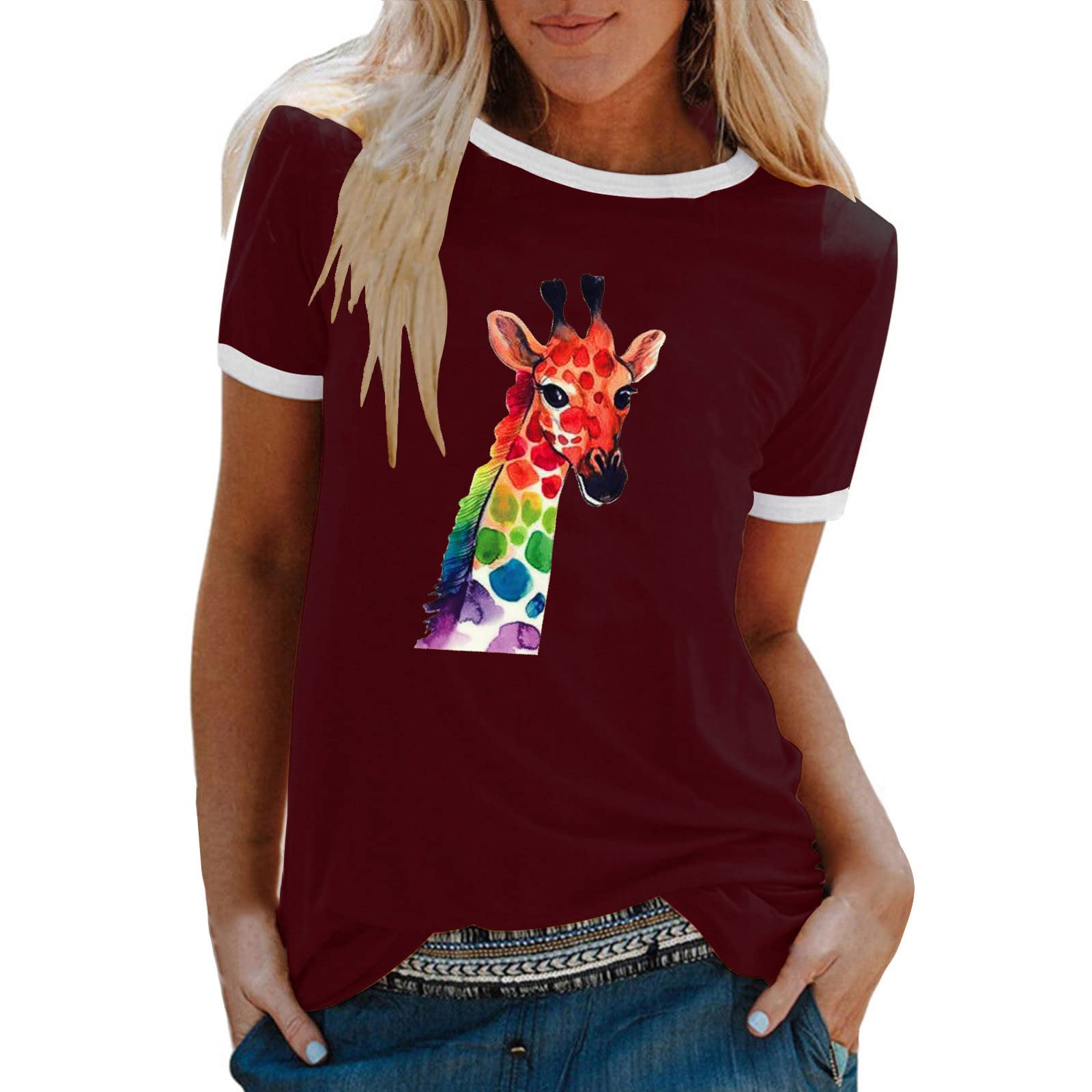 Women's Short Sleeve Giraffe Print Crew Neck T-Shirt - Casual & Dressy Pullover Blouse for Work, Date Night & Everyday Wear