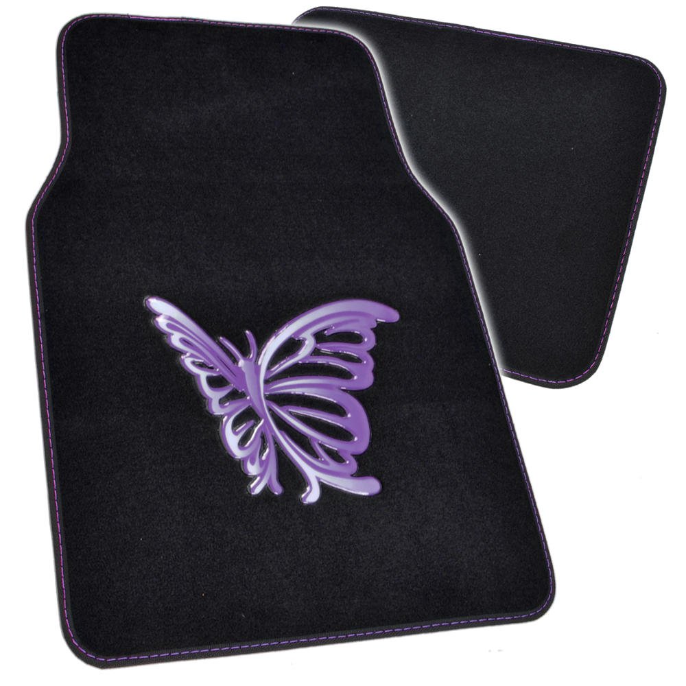 BDK Purple White Butterfly Car Floor Mats - 4 Piece Full Set for Cars, Trucks, SUVs & Vans | Non-Slip Rubber Backing | Universal Fit (MT-509-PP) | Perfect for Daily Commute, Road Trips & Protecting Vehicle Interior