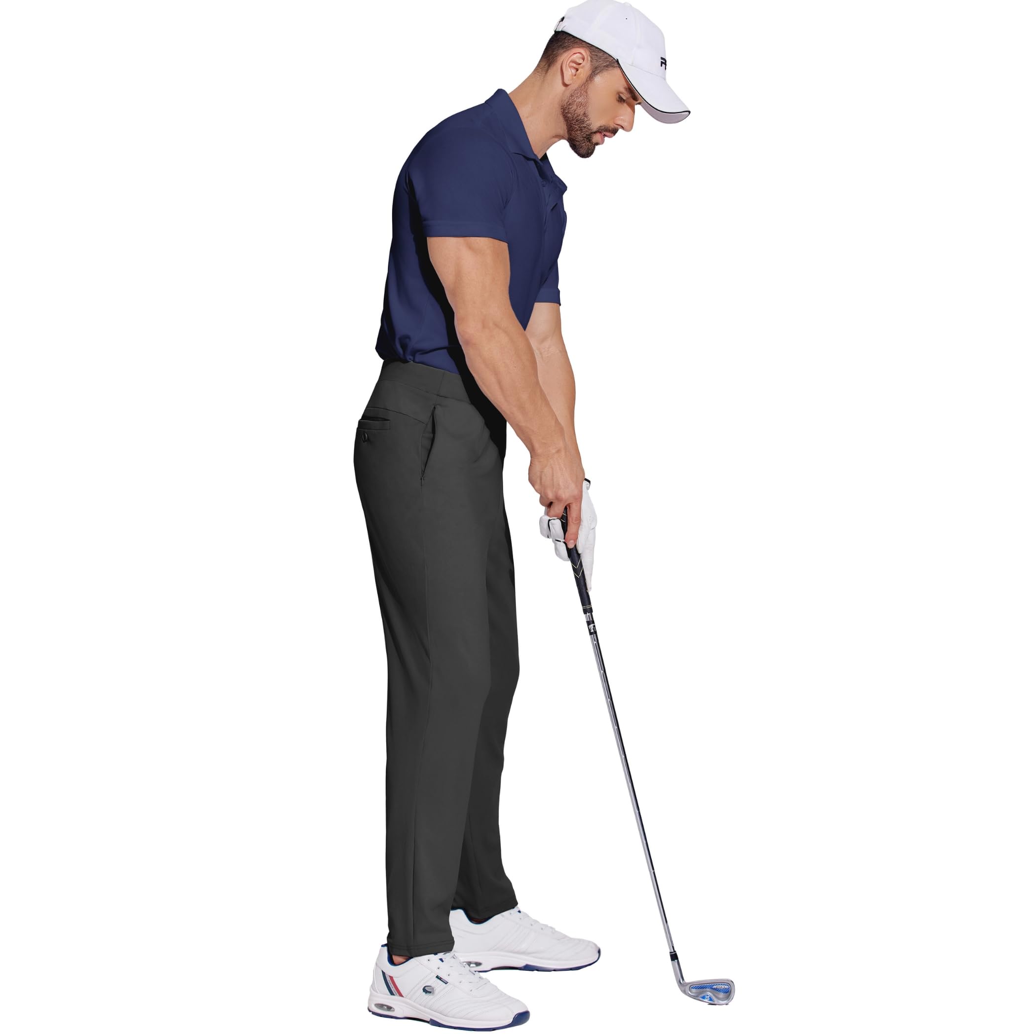 PINSPARK Men's Stretch Golf Pants - Elastic Waist Relaxed Fit Pull-On Casual Dress Pants with Pockets for Golf, Work & Everyday Wear